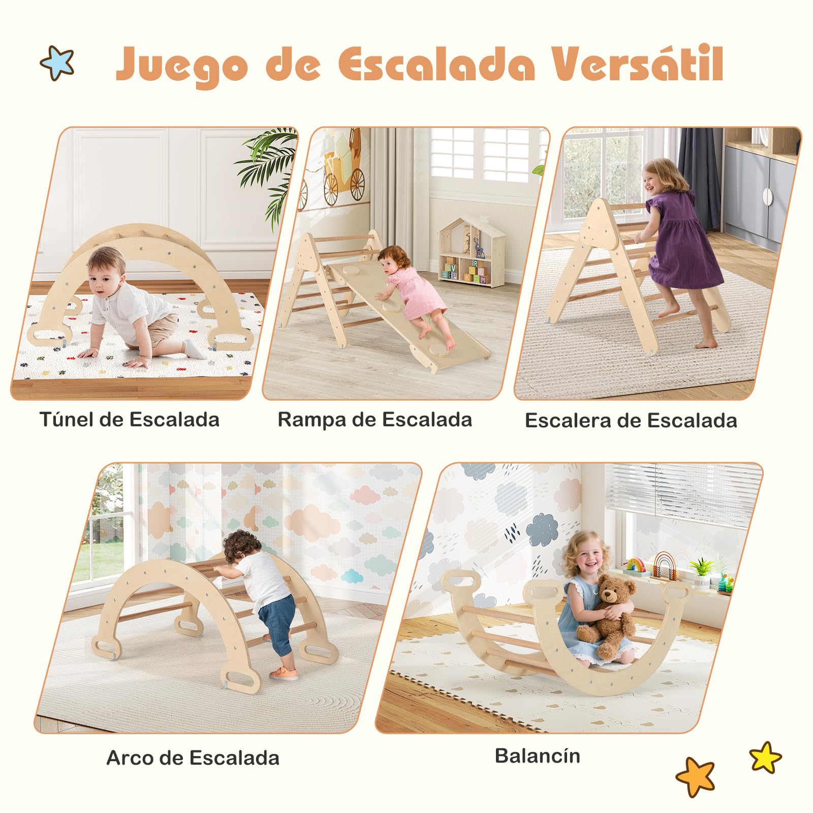 GOPLUS 7 en 1 Triángulo de Escalada para Niños de 1 Año, Montessori Escalador con Tobogán Rampa Arco, Juguetes de Escalada de Madera, Slide Aprendizaje para Guardería Casa, Carga 50 kg (Natural)