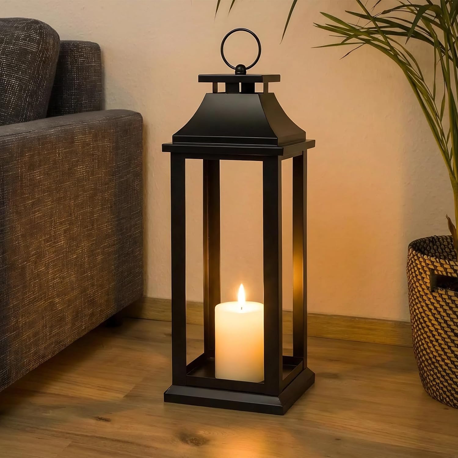 Modern Farmhouse Black Lantern Candle Holder – 22” Hanging Decorative Lantern for Indoor & Outdoor Home Décor – Ideal for Parties, Weddings, Porches, and Events (No Glass Panel), Size Large