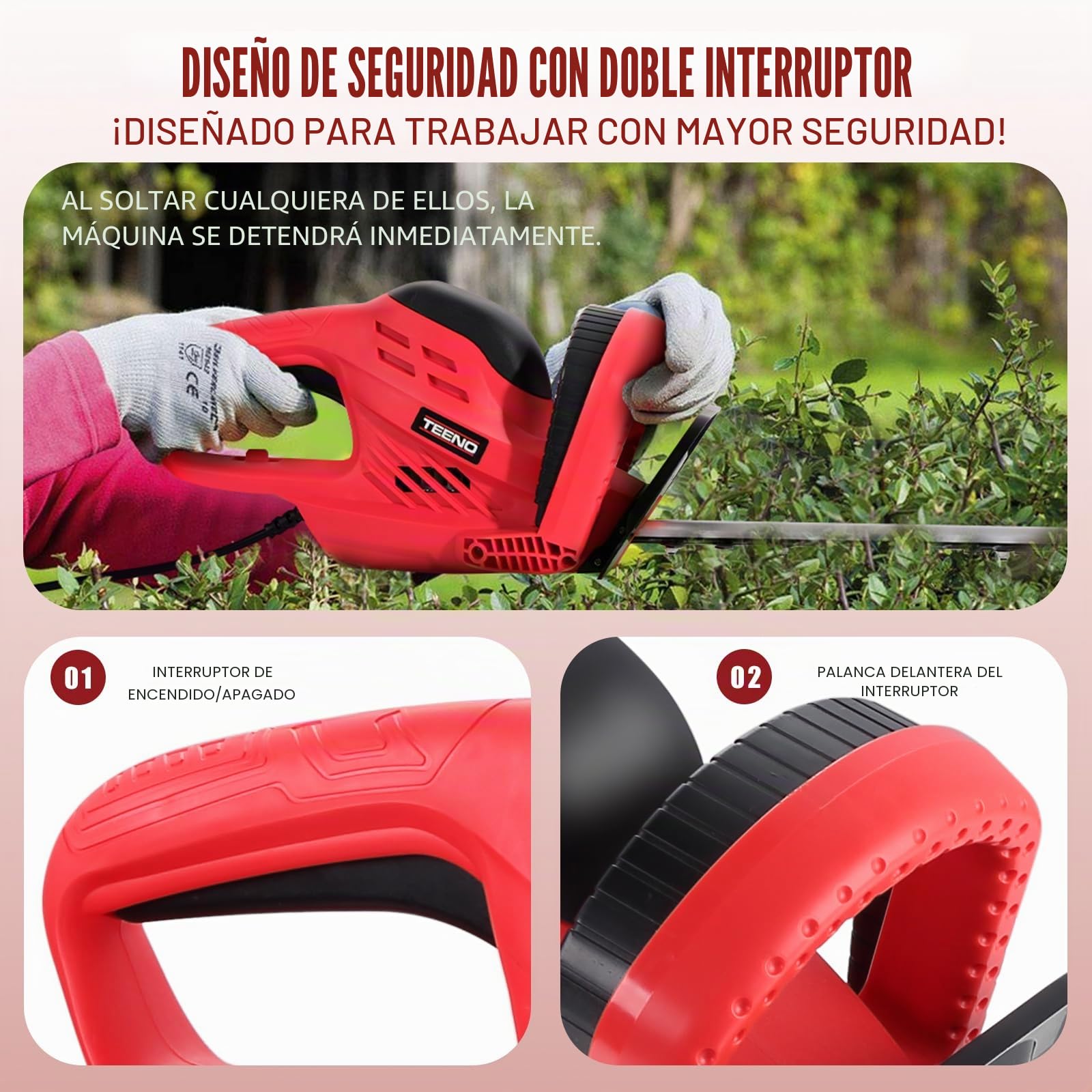 Cortasetos eléctrico TEENO 710 W - Recortasetos eléctrico con Cable - Hoja 610 mm - Corte preciso 20 mm - Protección a Prueba de Golpes - Mango ergonómico