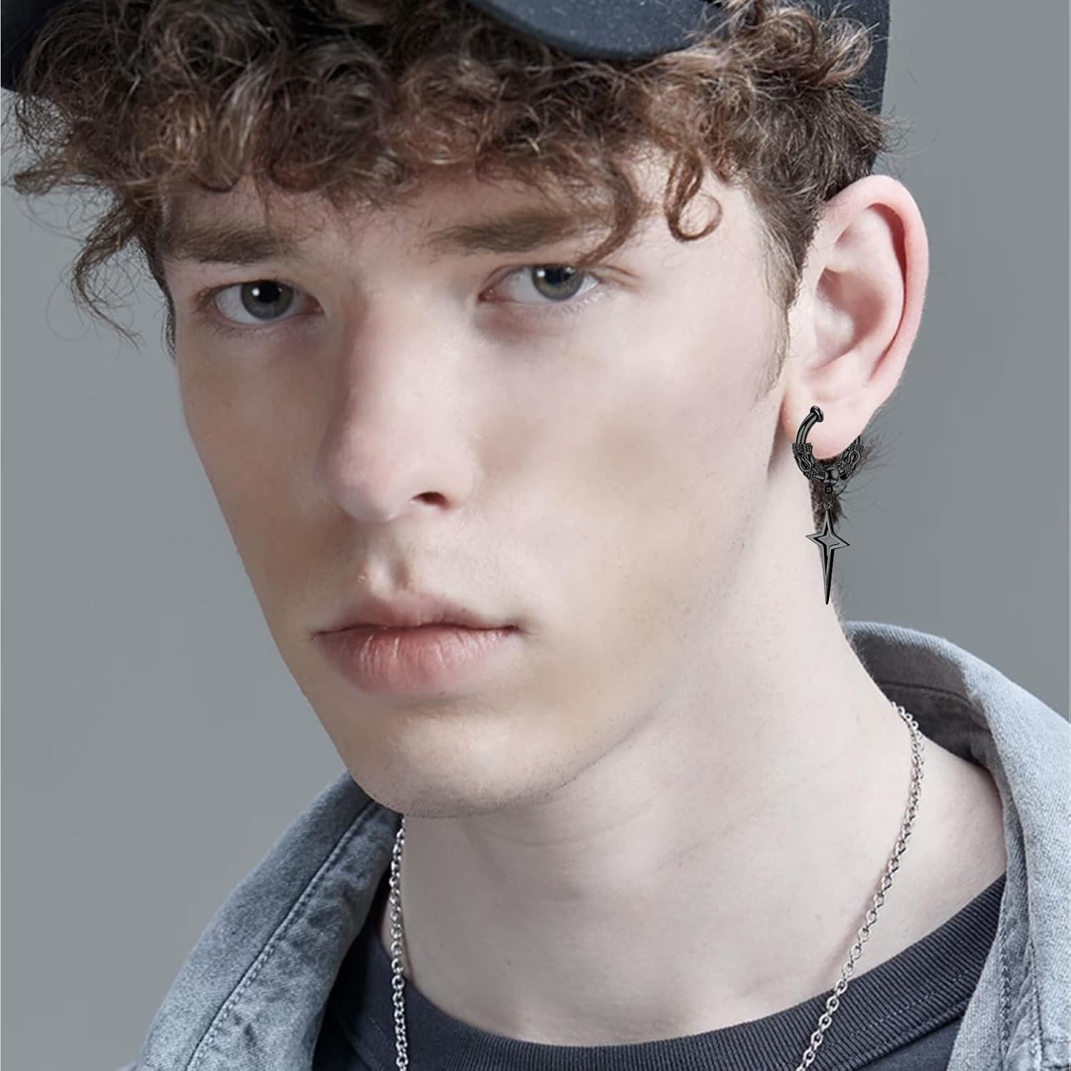 Gothic Punk Black Stainless Steel Non Pierced Cross Star Dangle Clip on Hoop Earrings Non-Piercing Jewelry Viking Dragon-Shaped Earring Gift for Men Women Teens - Image 4