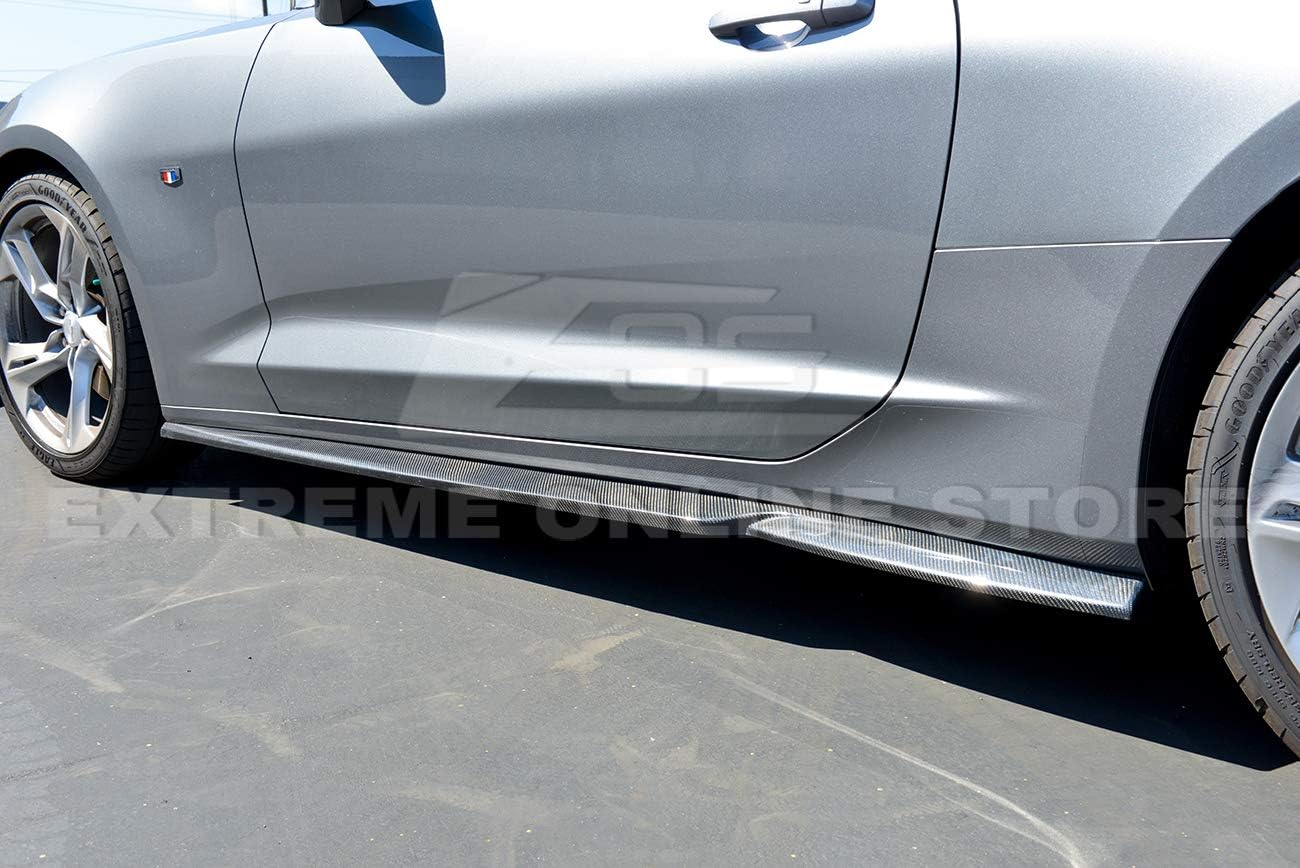 Replacement for 2016-Present Chevrolet Camaro LT LS RS SS Models | EOS T6 Style Add-On Bottom Line Side Skirts Rocker Panel Extension Pair (Carbon Fiber)