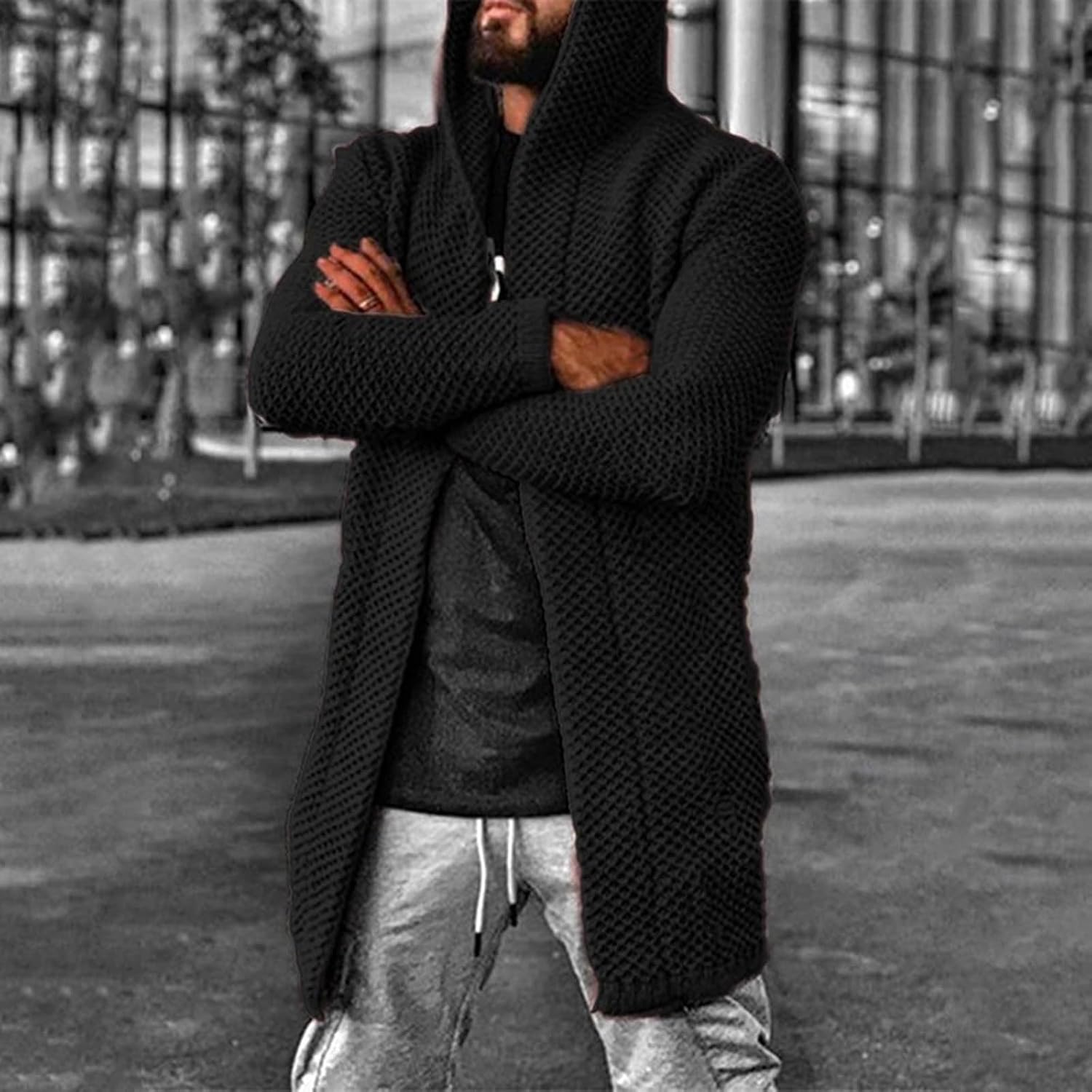 Men Long Cardigan Sweater Casual Fashion Long Sleeve Open Front Knit Sweater with Hood Winter Chunky Sweaters Outwear