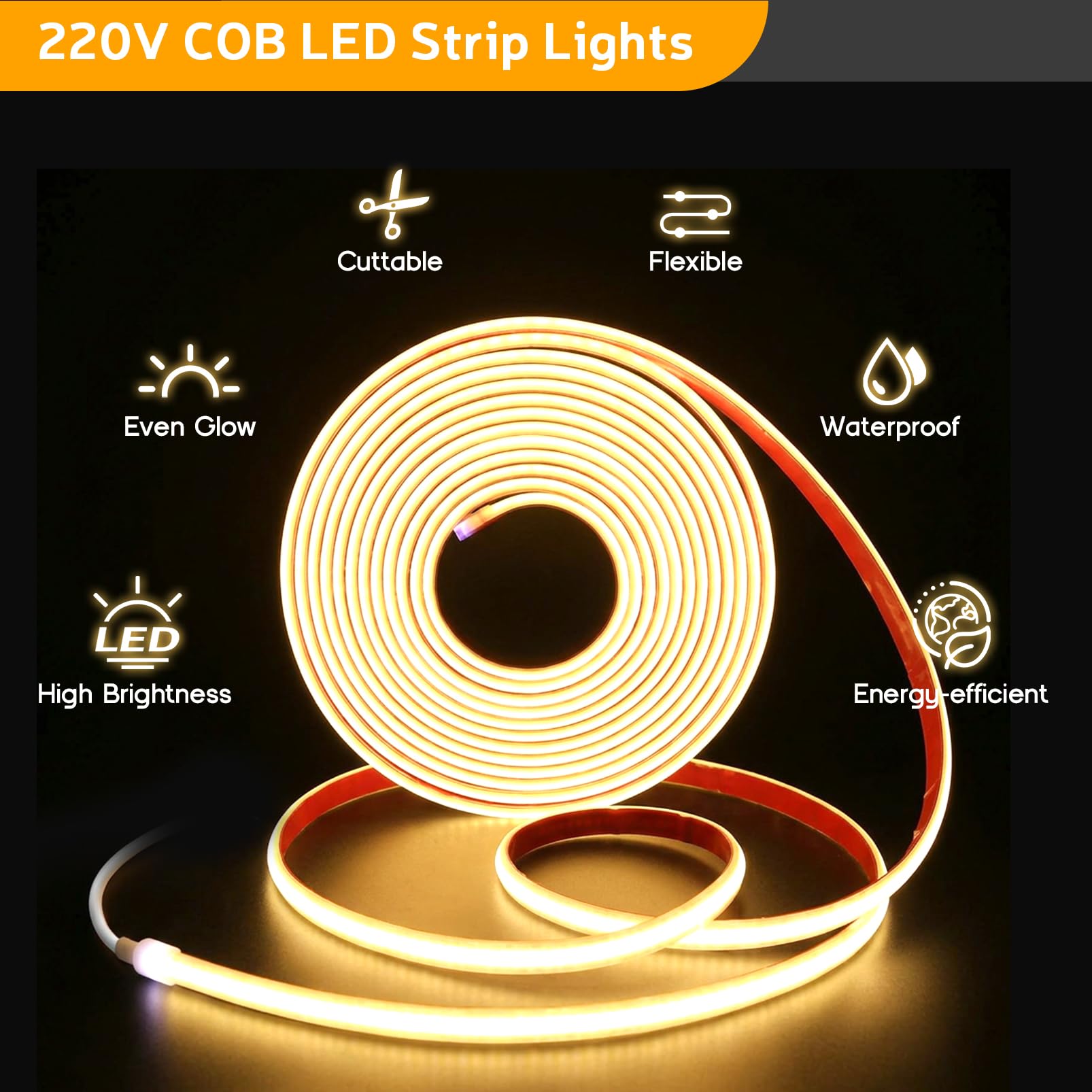 YOODI Tira LED COB 220V 10M Blanco Frío 6000K Exterior Impermeable IP65 | Tiras de LED Adhesiva 320LEDs/M Luces LEDs Flexible Recortable Con Interruptor y Enchufe para Jardín, Dormitorio y Piscina