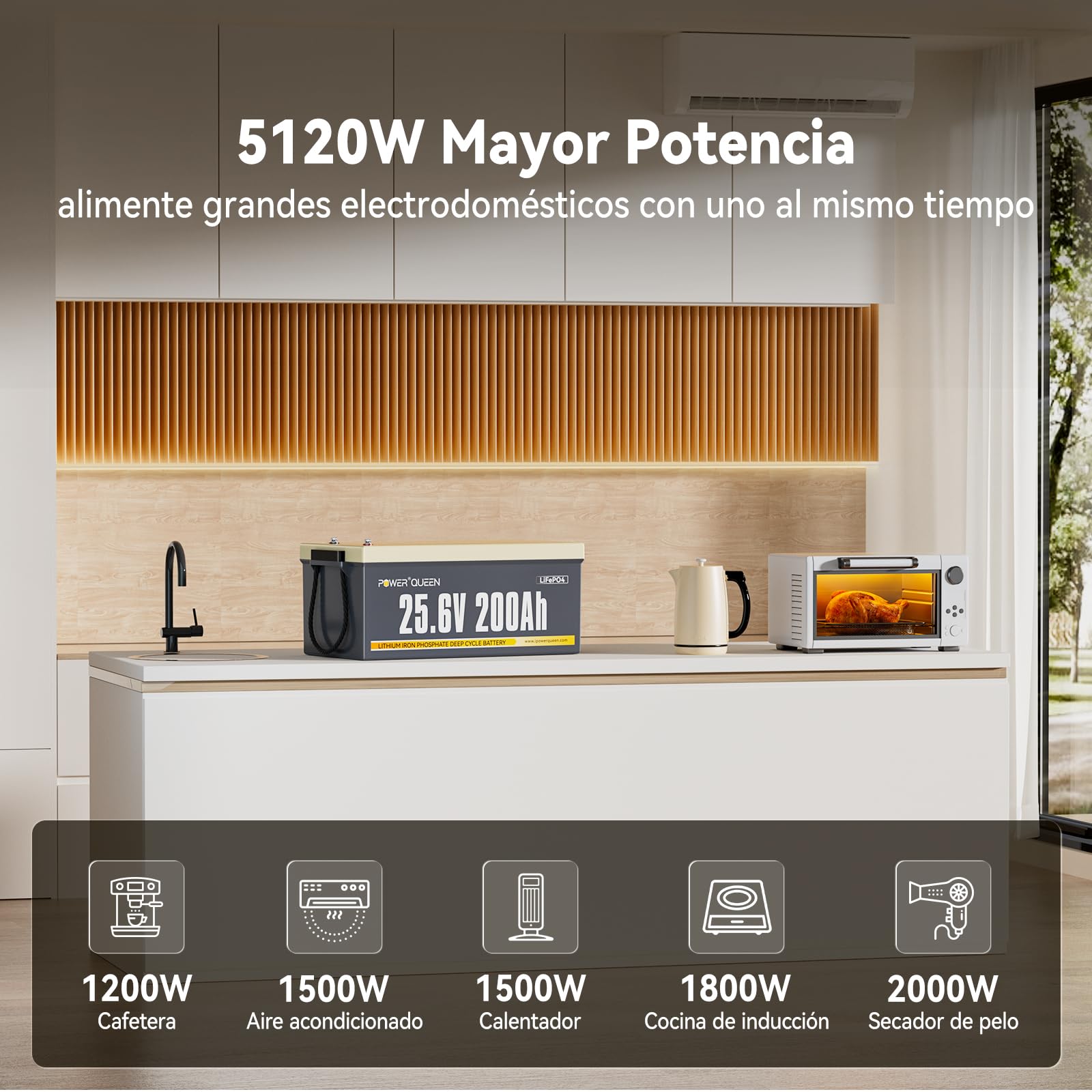 Power Queen 24V 200Ah Batería LiFePO4 Deep Cycle para Energía Solar | 200A BMS,4000-15000 Ciclo Profundo,5120Wh de Energía,IP65,Max.4P4S para Motores de Arrastre,Barco,Fuera de La Red
