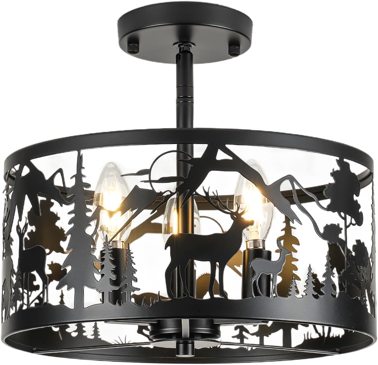 Rustic Bear Ceiling Light Fixtures, 4-Light Round E26 Base Adjustable Farmhouse Black Metal Wooden Fixture for Kitchen, Living Room, Foyer, Bedroom, Hallway-‎16.5" L* 16.5" W * 11.8" H