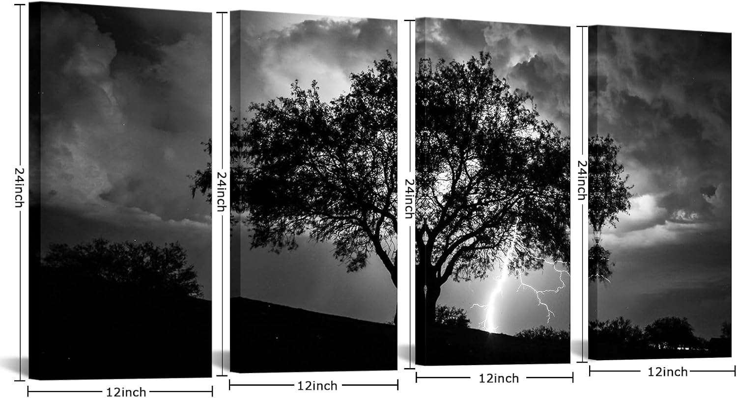 NutArtPic Black White Tree Canvas Wall Art Big Tree with Lightning Strikes Picture Artwork Natural Landscape Artwork Painting for Home Decor 12''x24''x4pcs (Black)
