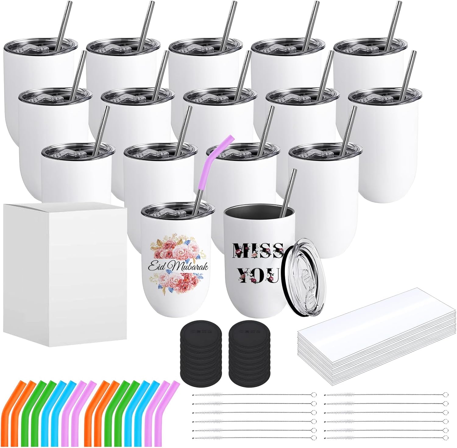 ColorSub Sublimation Wine Tumblers 12oz, 16 Pack Stainless Steel Double Wall Sublimation Blanks Wine Cups with Lids & Straws, Brush, Shrink Wrap, Silicone Straw Tips, Gift Box (Straight 8 Pack)