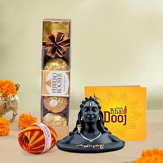 TIED RIBBONS Bhai Dooj Gift Set for Brother with Chocolates Hamper - Mini Adiyogi Shiva Idol Statue with Ferrero Rocher Chocolate (4 pcs) Box Greeting Card and Kalawa Moli Roli Chawal