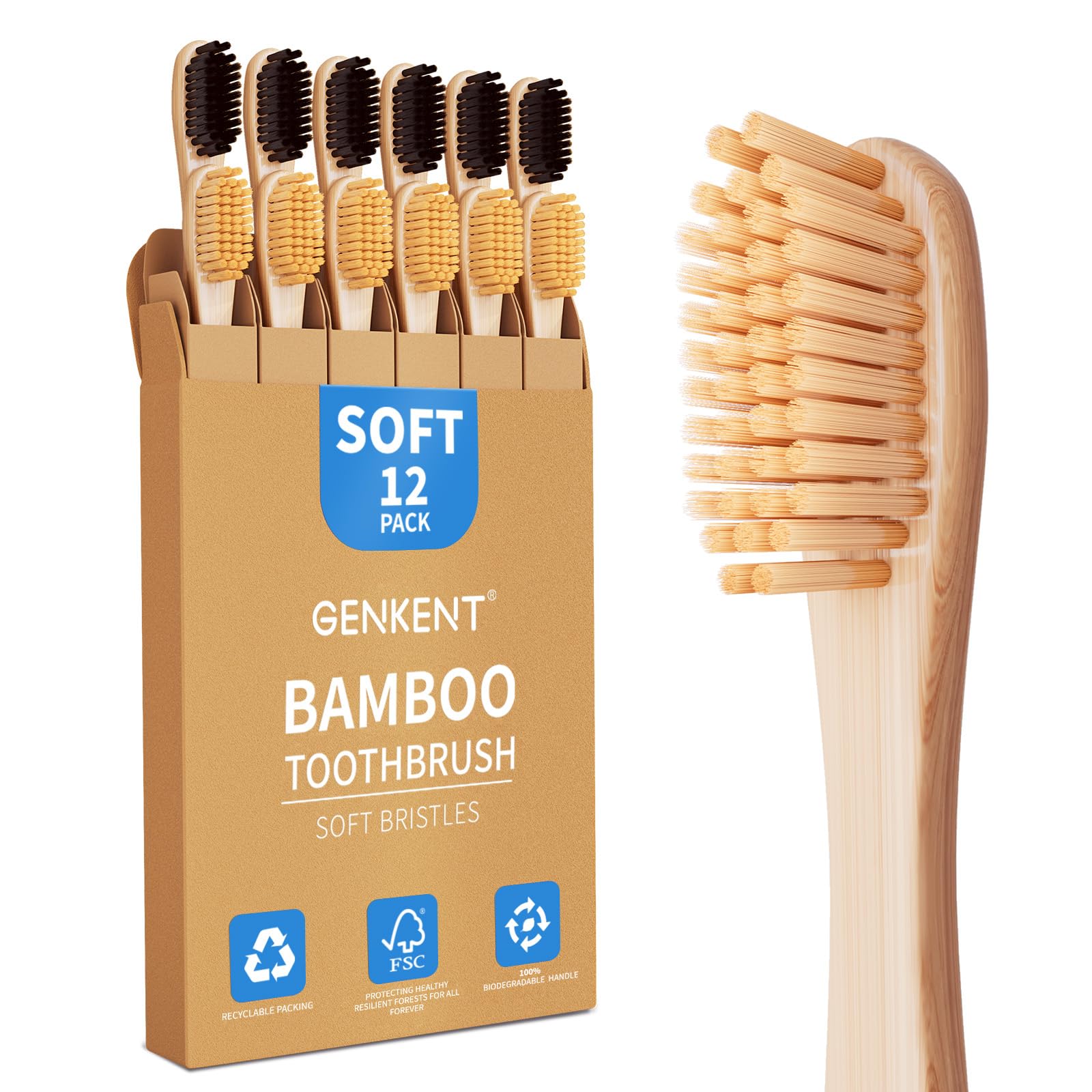 GENKENT Bamboo Toothbrushes 12 Pack Natural Toothbrushes BPA Free Soft Bristles Toothbrush Eco Friendly Charcoal Toothbrush for Travel