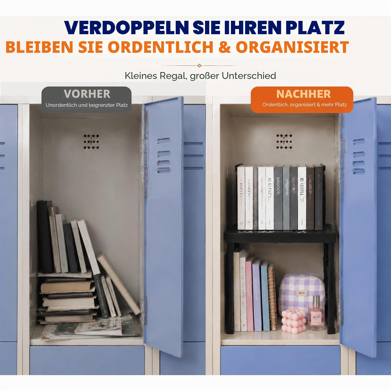Verstellbare Höhe und Breite Schulschrank-Organizer, stapelbarer Organizer, für Fitnessstudio- und Büro-Schrank-Utensilien, Schwarz