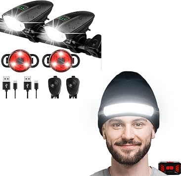 LED Beanie Hat with Running Light, Unisex USB Rechargeable LED Beanie Light Warm Winter Knitted Beanie Hat Safety Lighted Headlamp Cap for Dad Husband Women Gift Running Hiking Camping Joining