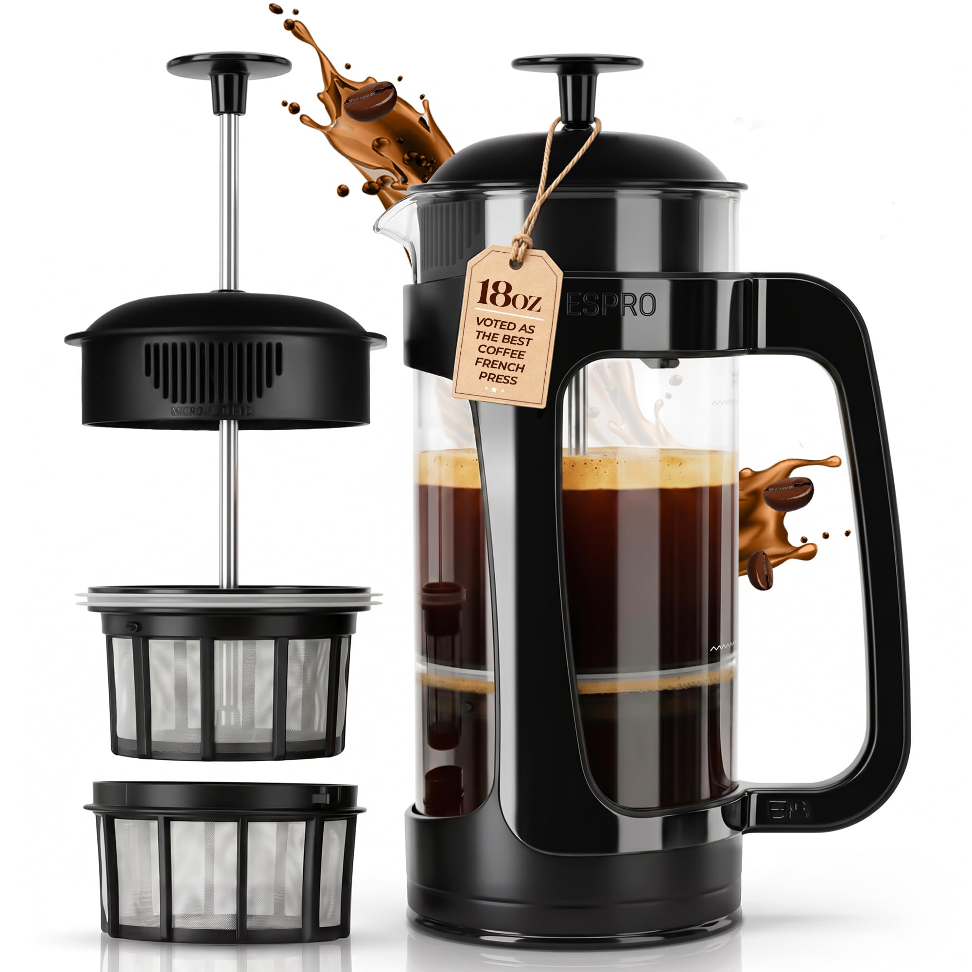 ESPRO P3 Cafetera de Embolo de Cristal, 530 ml, Negro | Cristal de borosilicato, doble microfiltro patentado, cafe sin posos, apta lavavajillas
