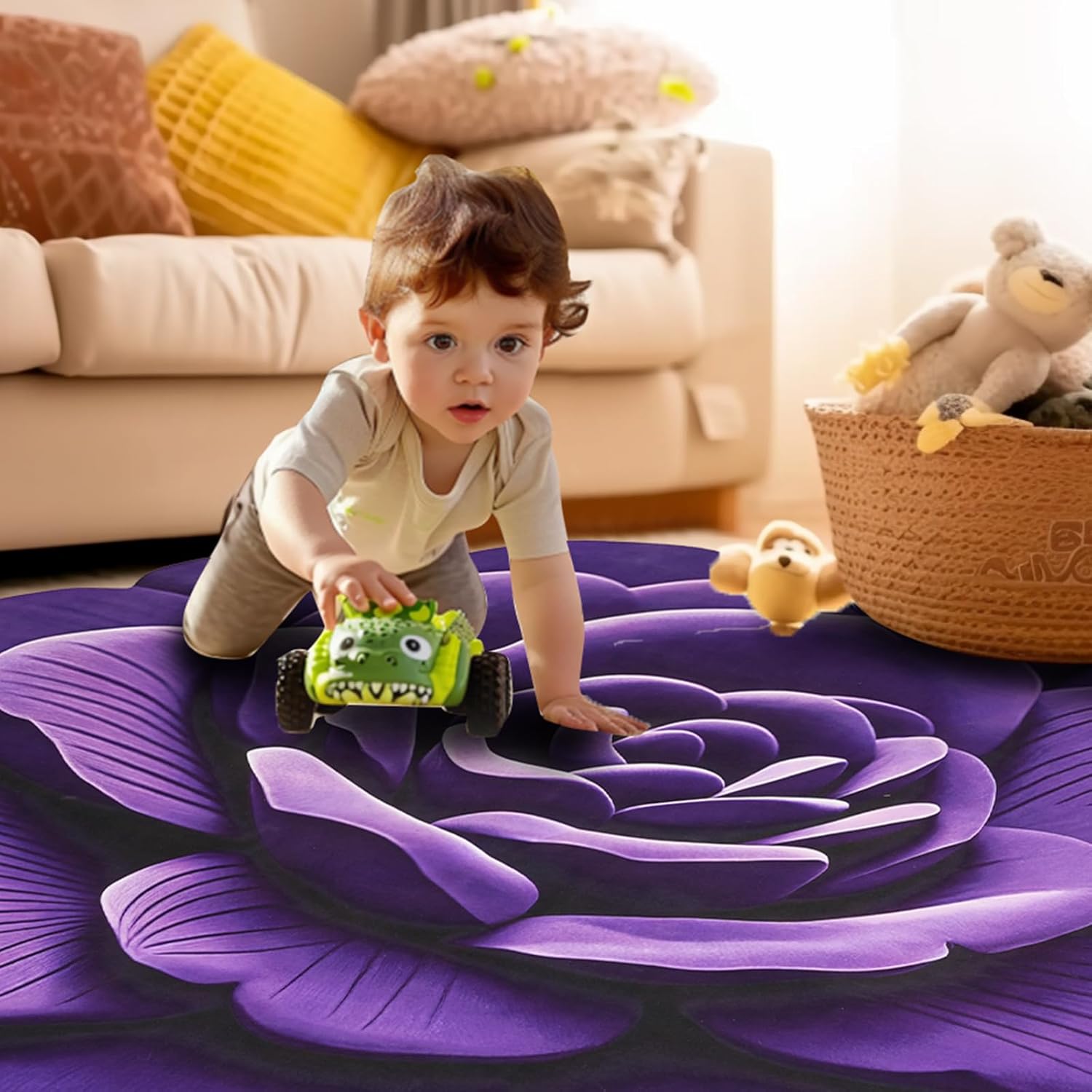 Flower Design Round Area Rugs,Absorbent Quick Dry Kitchen Rugs,Washable Decorative Irregular Bedroom Rug, Anti Slip Flower Rug,Purple,47x47 Inches,1 Piece