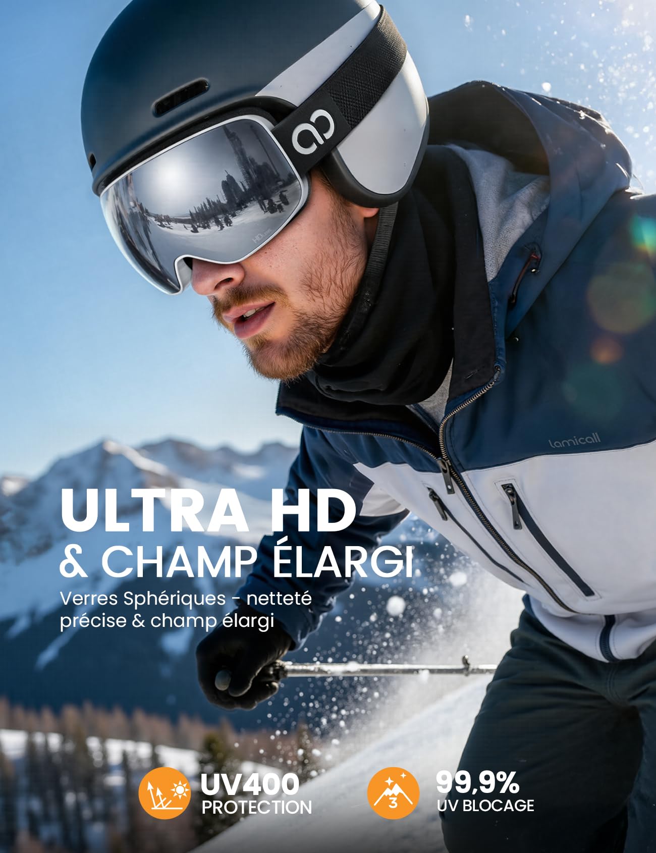 Lamicall Lunettes de Ski Homme, Masque Ski OTG - [Ultra HD Verre Sphérique & Anti-Buée Breveté] Lunettes de Snowboard, UV400 Protection, Vision Plus Large, Ski Goggles Femme pour Sports Hiver