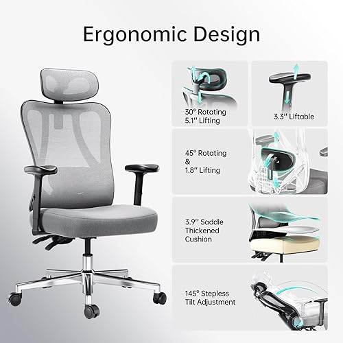 Miniatura 29 de Hbada P3 Silla de oficina ergonómica con soporte lumbar ajustable 2D, silla de oficina con reposacabezas y reposabrazos ajustables, función de