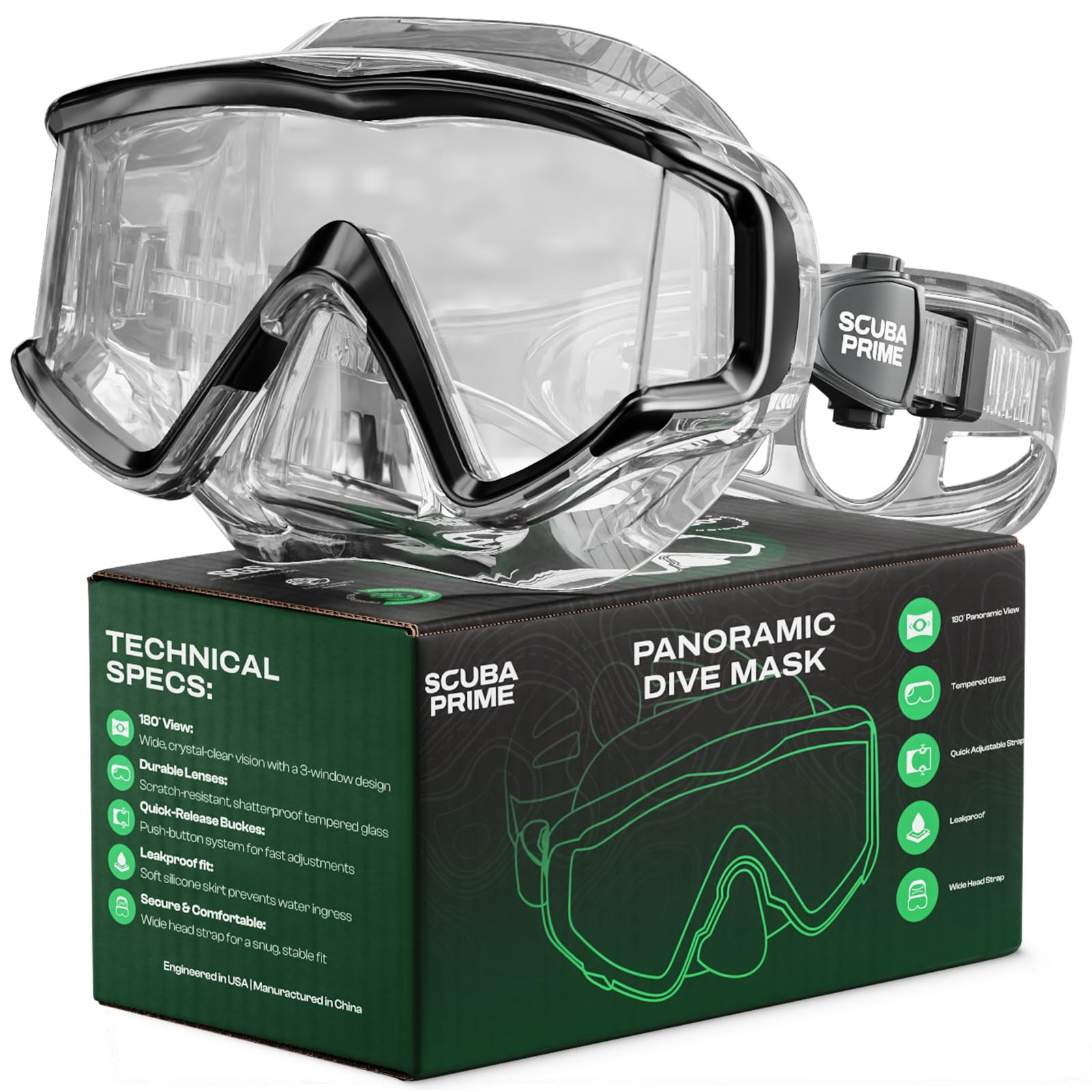 Pano 3 Scuba Diving Mask, Tempered Glass Snorkel Mask Three-Window Scuba Mask No-Leak Dive Mask Silicone Skirt Diving Mask for Snorkeling and Scuba Use