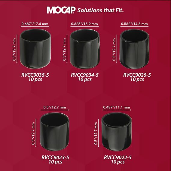 MOCAP Round Vinyl Plastic Caps Medium Cap Kit (7/16, 1/2, 9/16, 5/8, 11/16) | Durable, Flexible Vinyl Caps for Thread Protection, End Caps, Surface Finishing - 10 Units Each Size