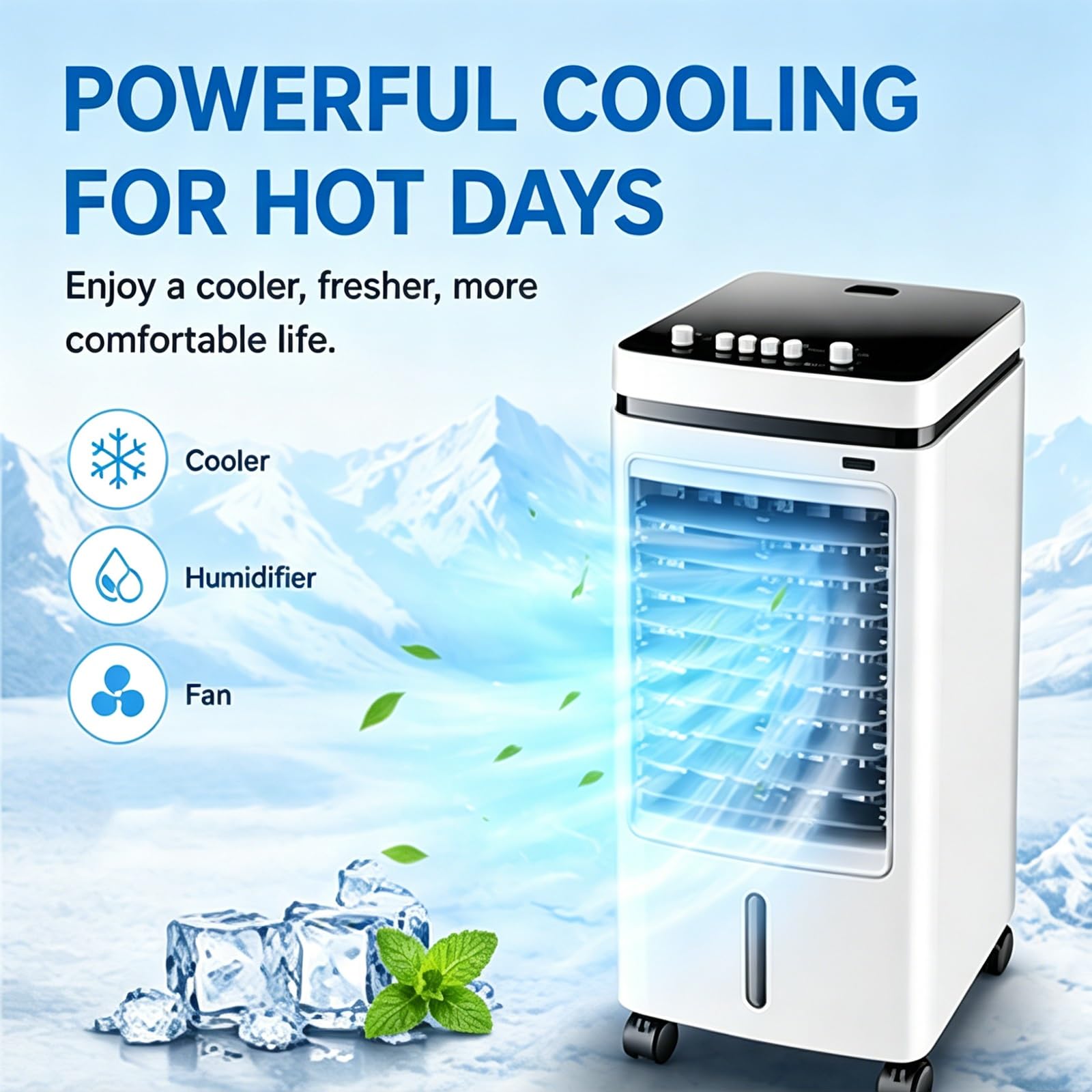Przenośny Klimatyzator z 6 Wkładami Chłodzącymi 60 W 3 Prędkości Zbiornik na Wodę 4 L Oscylacja 60° 110-220 V do Salonu Sypialni Biura Kuchni 27 X 28 X 60cm