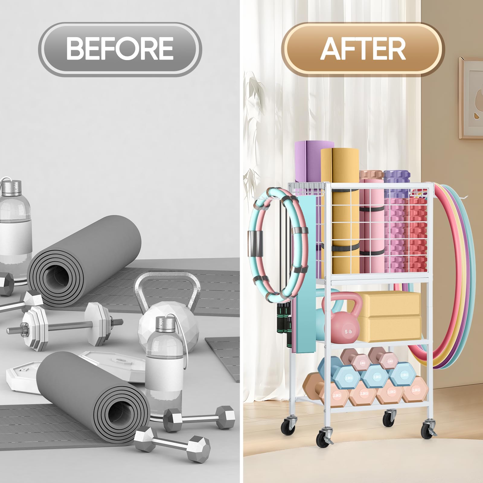 CADUKE Dumbbell Rack & Stand, Yoga Mat Storage with Hooks and Wheels, Home Gym Weight Rack for Dumbbells, Kettlebells, Yoga Mat, Yoga Block, Foam Roller and Resistance Band