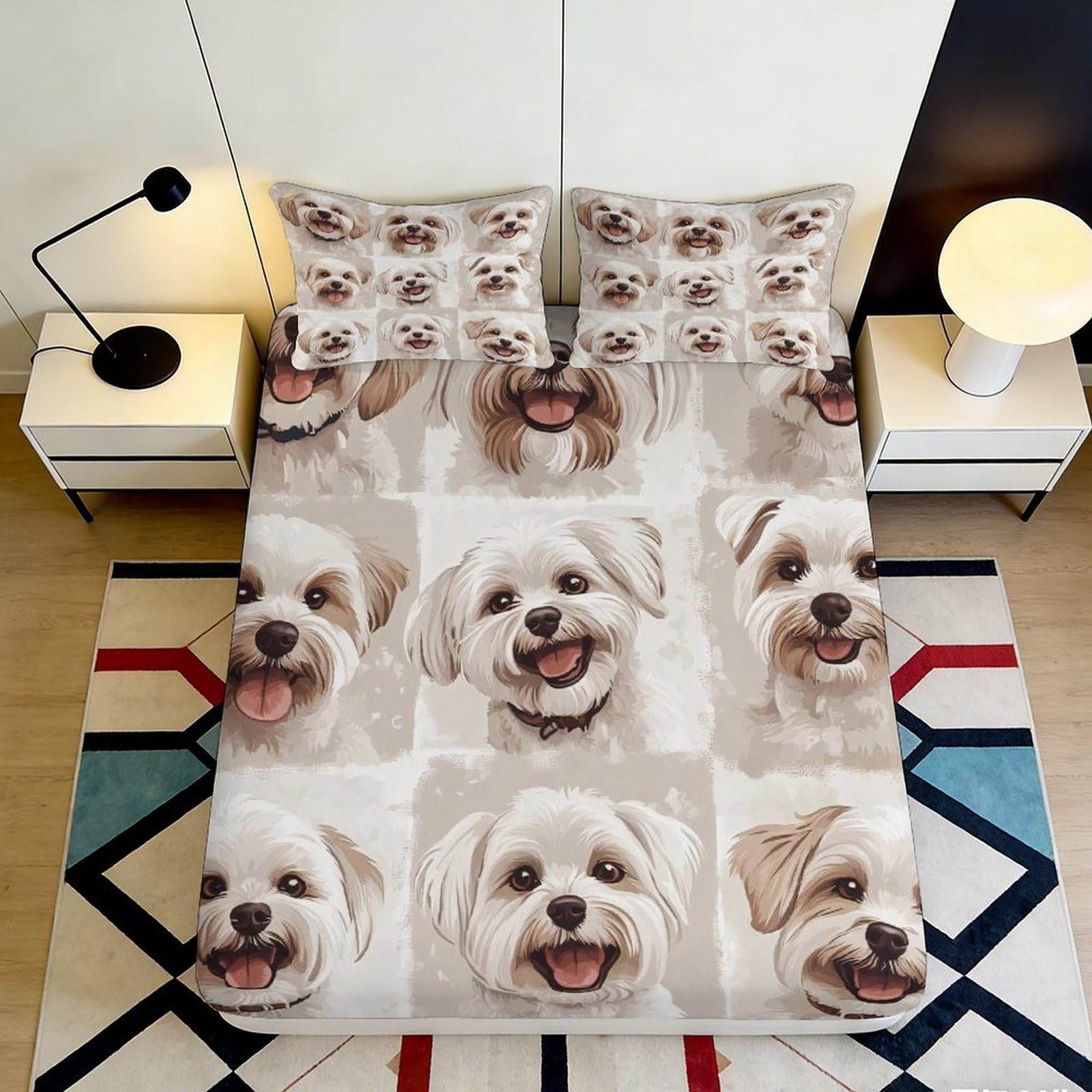 Jqzkxnhpbr Style-6 3D Printed White Puppy Pattern Fitted Sheet Microfiber Soft Non-Slip Mattress Cover For Bedroom Guest Room Dorm Decor 90X200x25cm