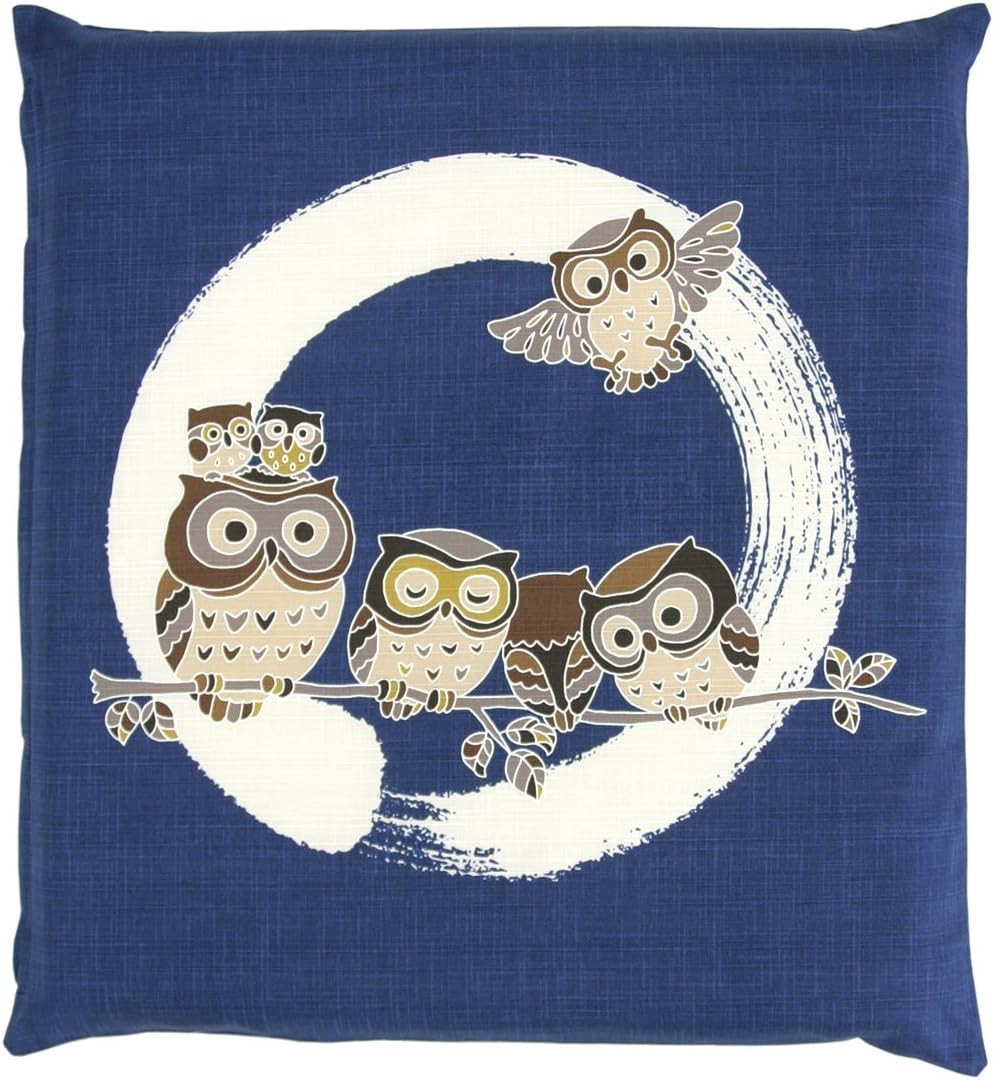Japanese Buddhist Meditation Cushion Cover (Zabuton) Yoza Tibetan Lucky Owl 55×59cm, Navy Z704-72