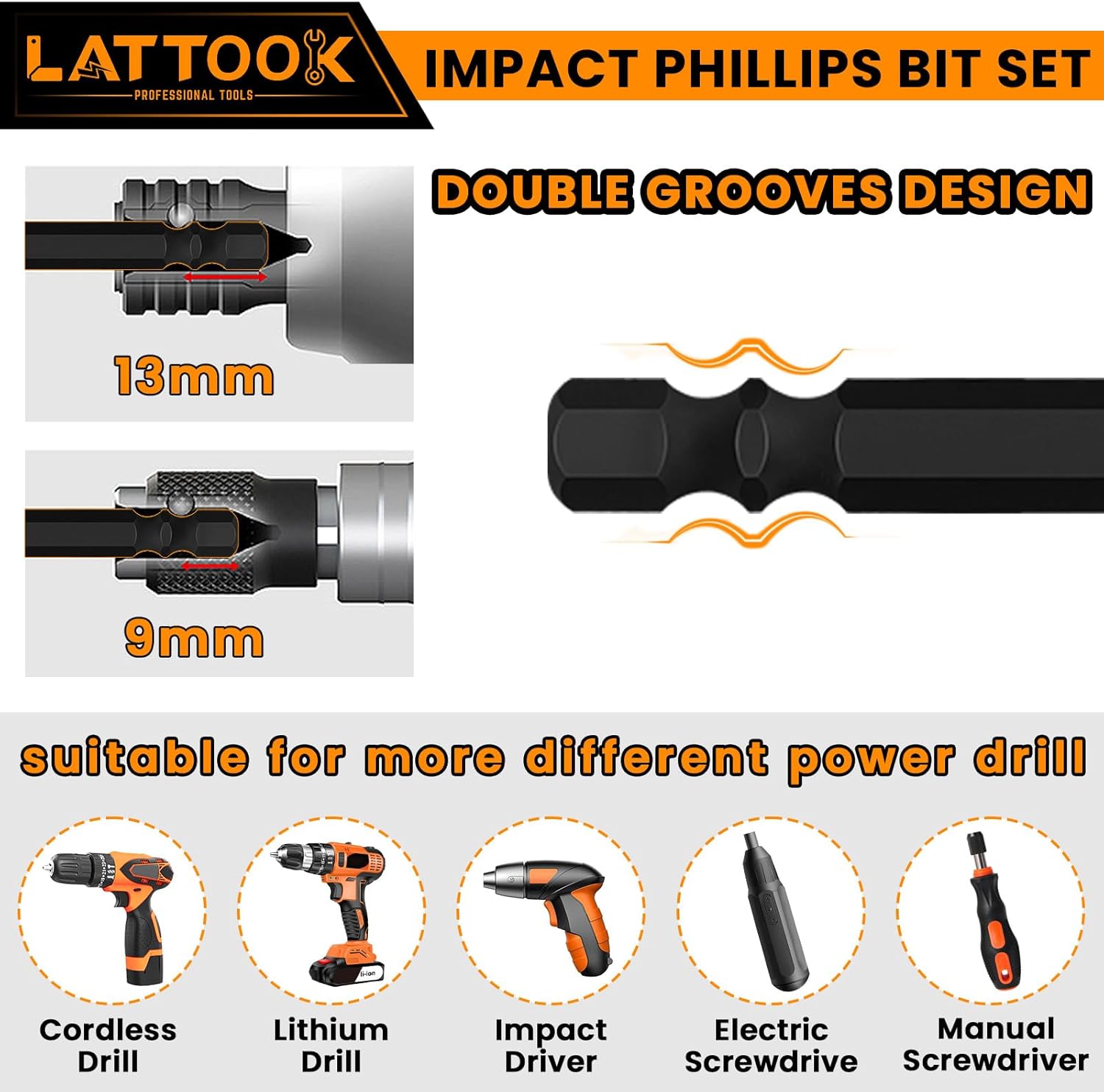 13-Pack Impact Phillips Bits Set, LATTOOK #1, #2, #3 Magnetic Anti Slip Long Phillips Screwdriver Bits Set, 1/4" Hex Shank S2 Steel, Ph1, Ph2, Ph3
