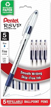 Pentel RSVP Ballpoint Pen, Fine Line, 0.7mm, Blue Ink BK90BP5C Pack of 1, 5 Count Total