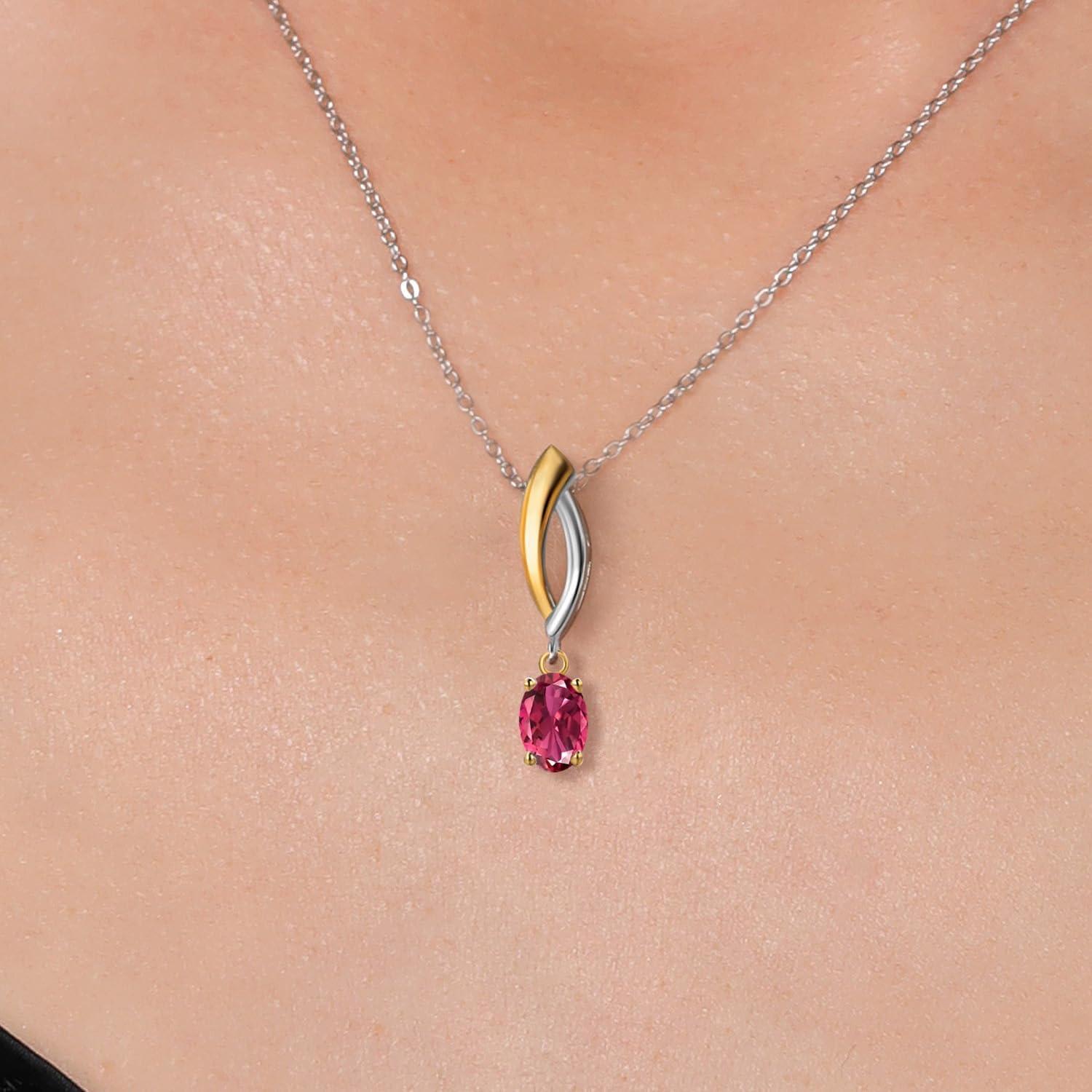 Gem Stone King 925 Silver and 10K Yellow Gold Pink Tourmaline Pendant Necklace for Women | 0.48 Cttw | Gemstone October Birthstone | Oval 6X4MM | With 18 Inch Silver Chain - Image 3
