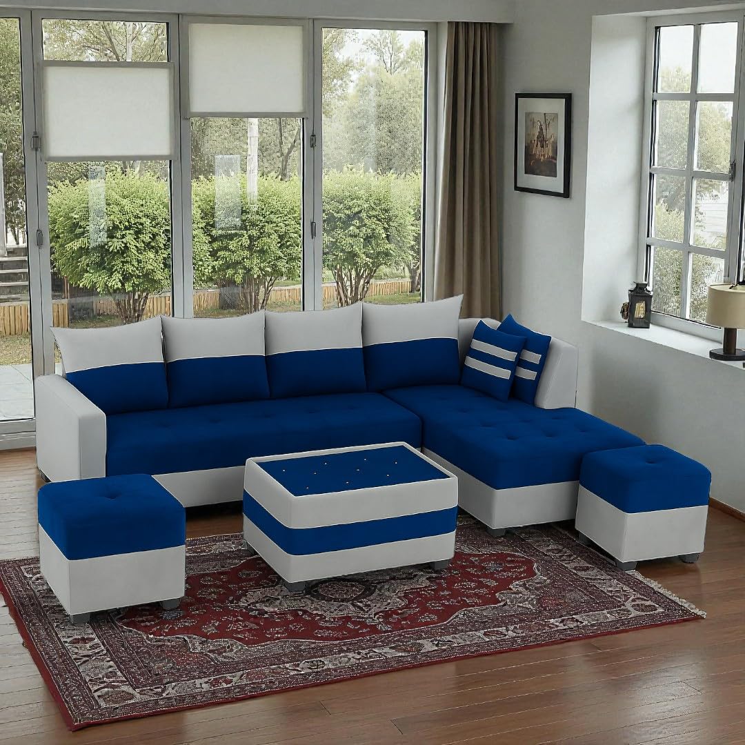 FURNY Stylecon 8 Seater Fabric RHS L Shape Sofa Set with 1 Centre Table & 2 Ottoman (Blue-Light Grey) | Premium Velvet Finish | Durable Comfort | Ideal for Living Room