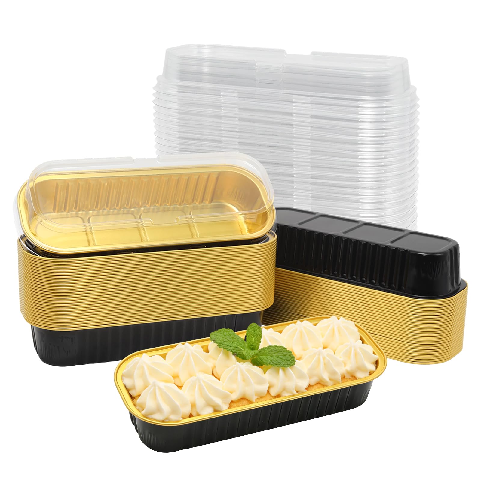 Paquete de 50 mini moldes para tartas de 6.8 onzas con tapas, mini moldes rectangulares desechables para tartas con tapas para picnics, fiestas, bodas, cumpleaños, color negro y dorado