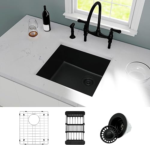 Miniatura 7 de MONSINTA Fregadero de bar, fregadero de barra bajo montaje, fregadero de barra negro de 19 x 17 pulgadas, fregadero de cocina con accesorios,