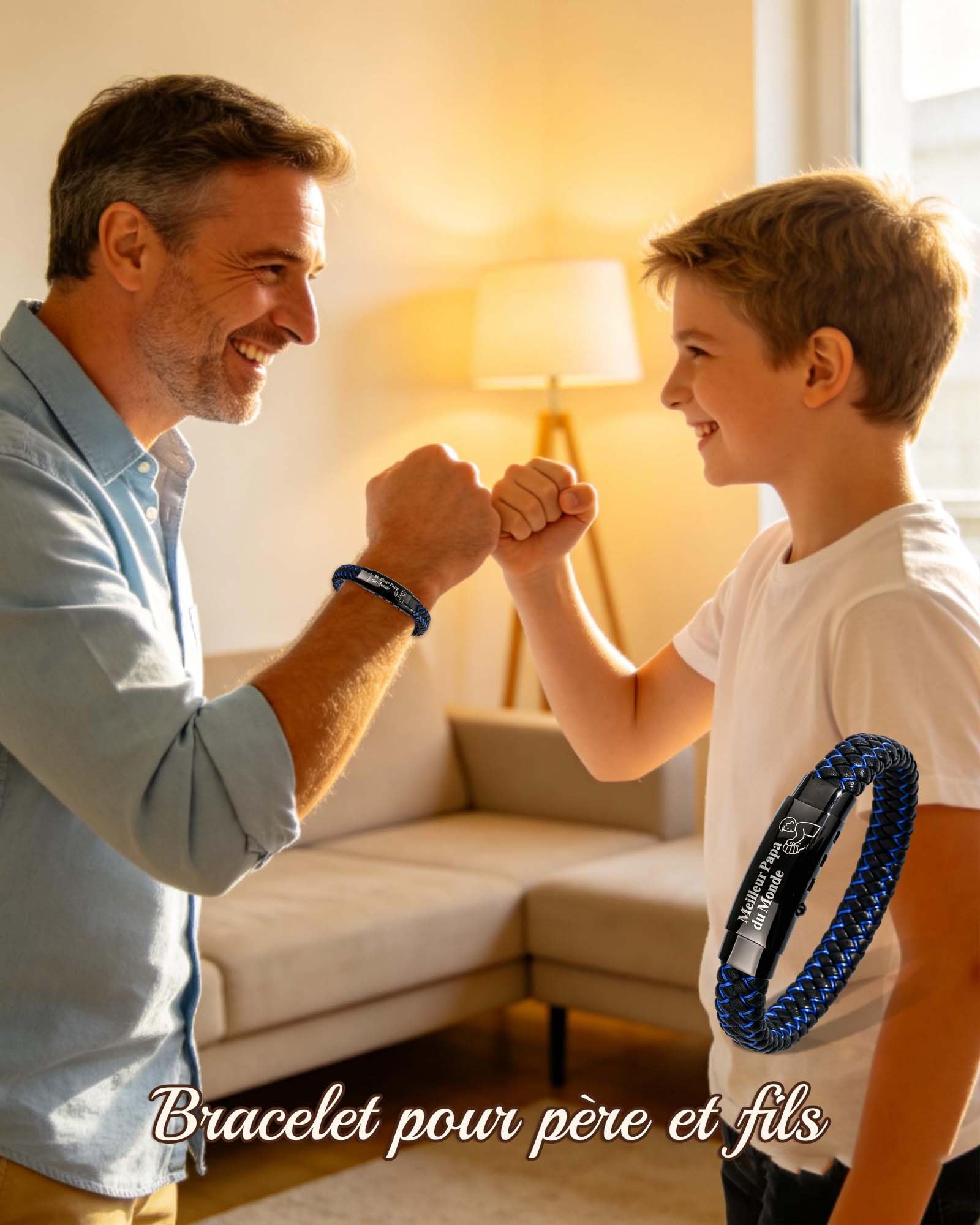 CheersLife Cadeau Fete des Peres - Cadeau Anniversaire Papa Fist Bump Père-fils Père-fille Bracelet Gravé Meilleur Papa du Monde Homme Original Cadeaux 30 40 50 60 70 Ans Réglable Bracelet Noir Bleu