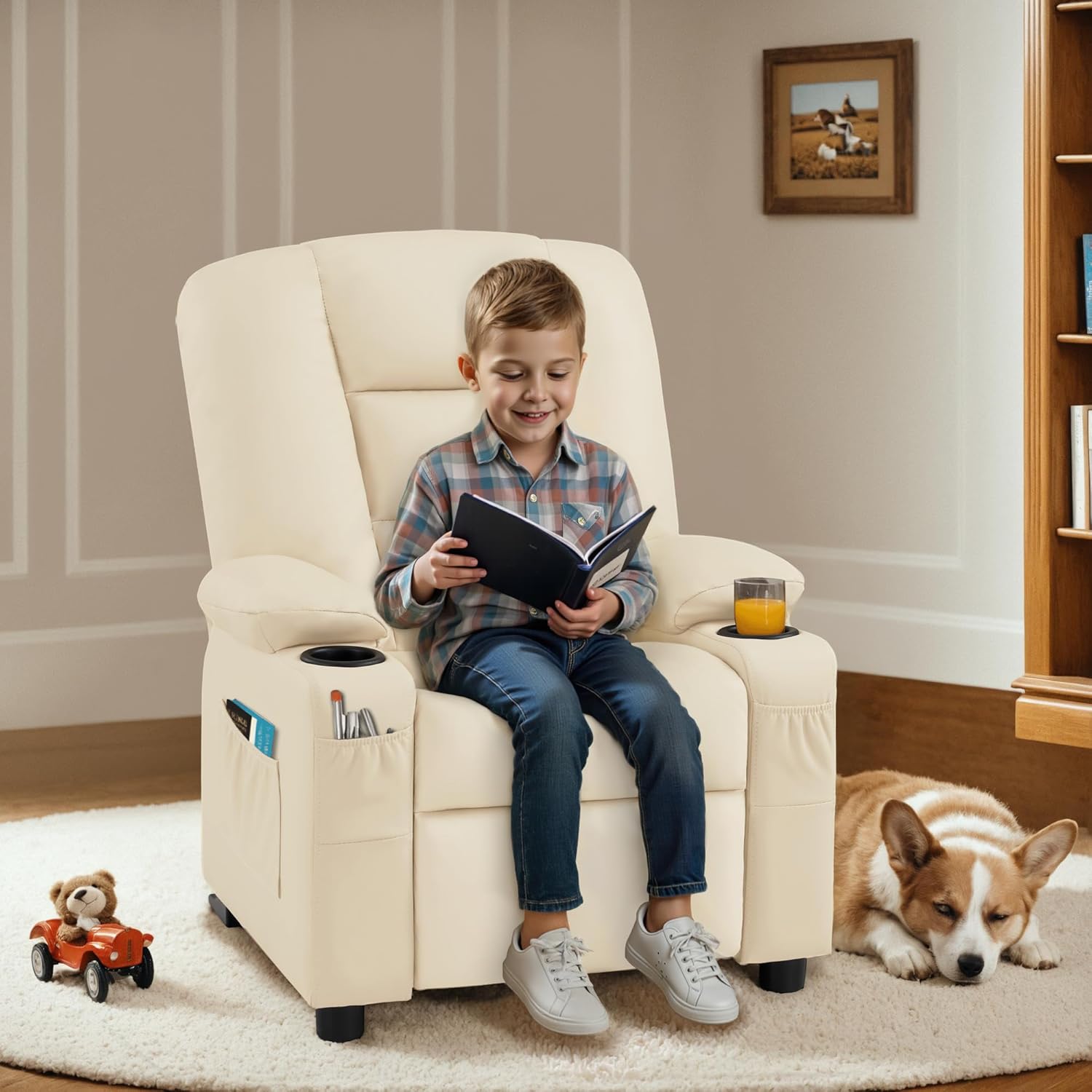 MCombo Big Kids Recliner for Ages 3+, Child Reclining Chair, Toddlers Recliner Sofa with Cup Holders, Faux Leather, 7322(Cream White)