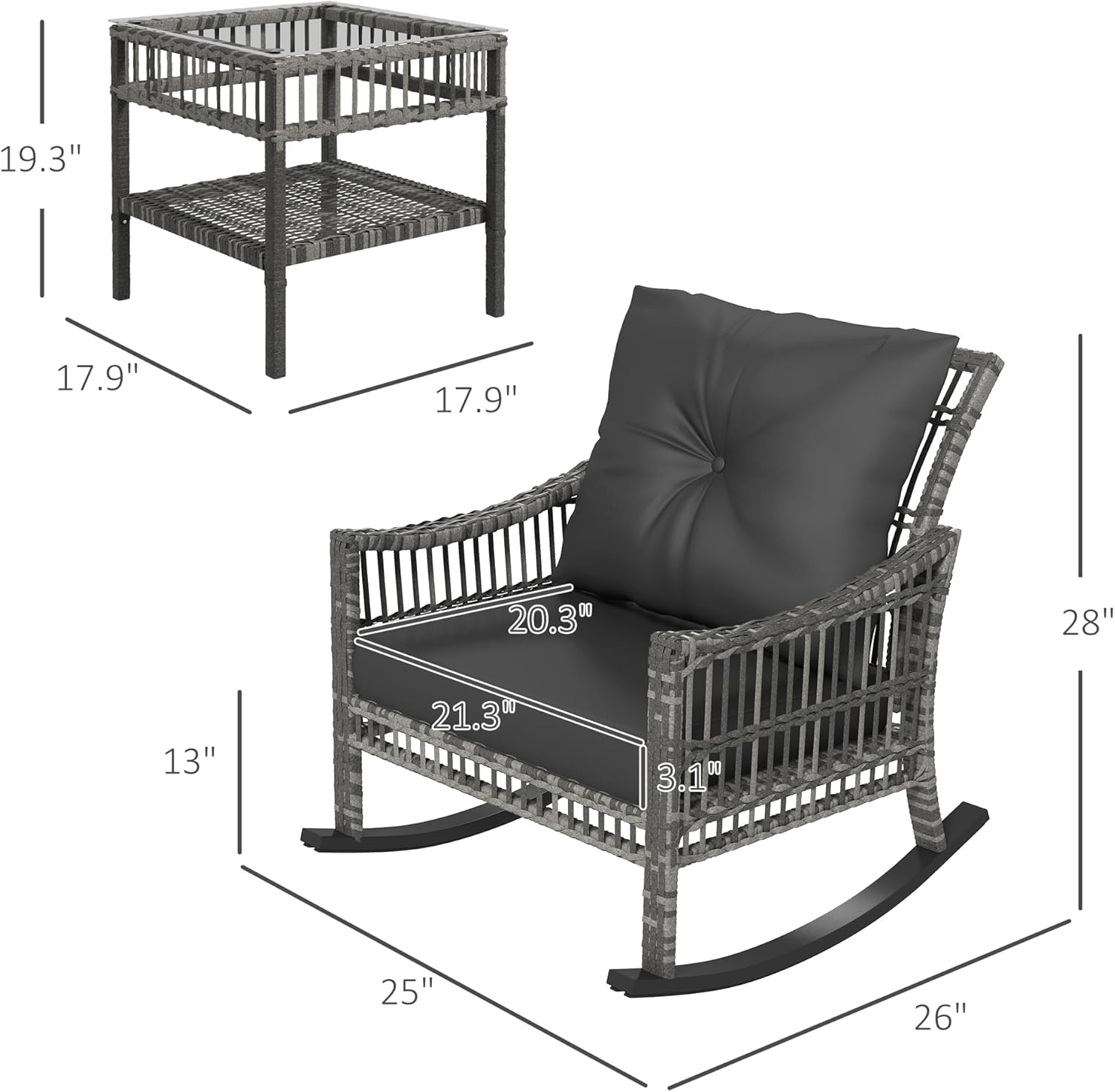Outsunny Wicker Outdoor Rocking Chair Set, 3 Piece Patio Furniture Set with Padded Cushions and Storage Coffee Table, 2-Seater PE Rattan Bistro Set for Garden Backyard Porch, Gray