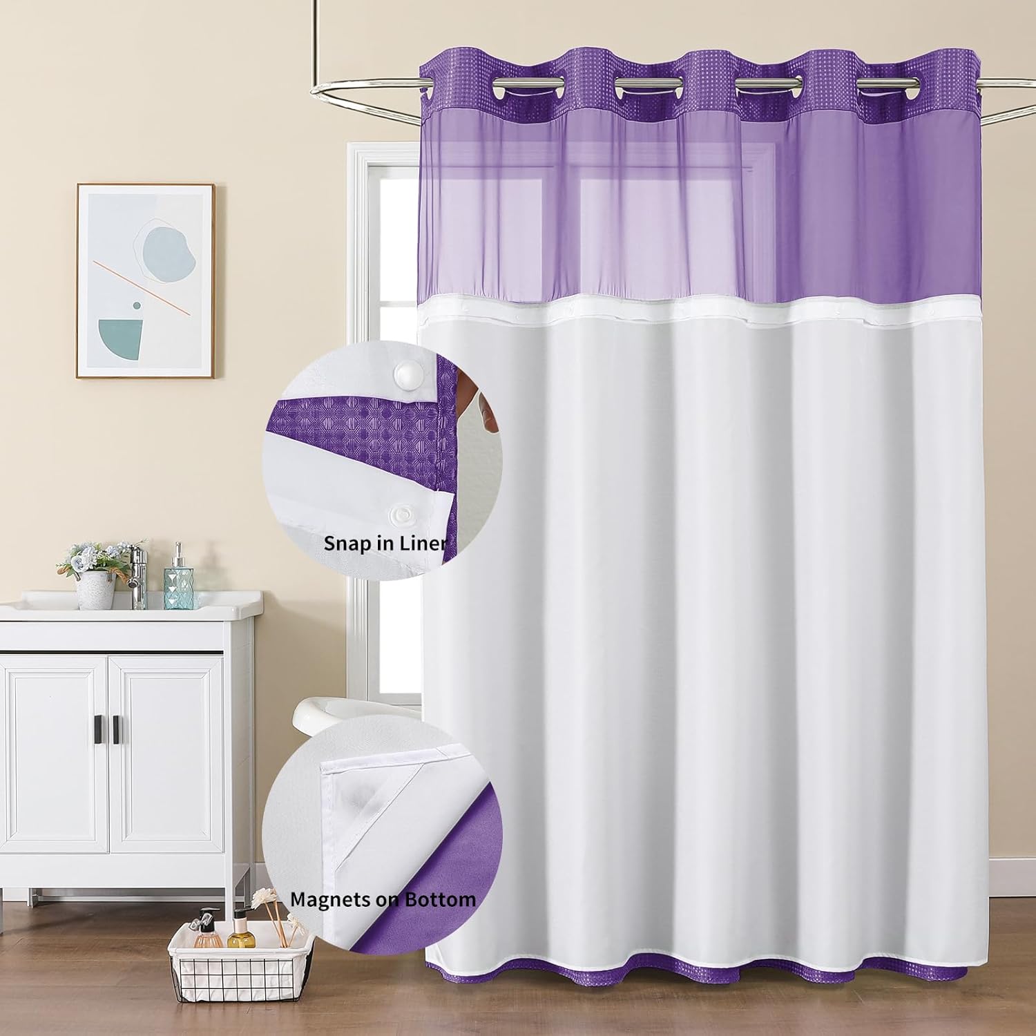 Colorful Star Waffle Weave No Hook Shower Curtain with Snap in Liner (72'' x 75'', Purple), and 1pc Extra Replacement Fabric Liner (71" x 53", White)