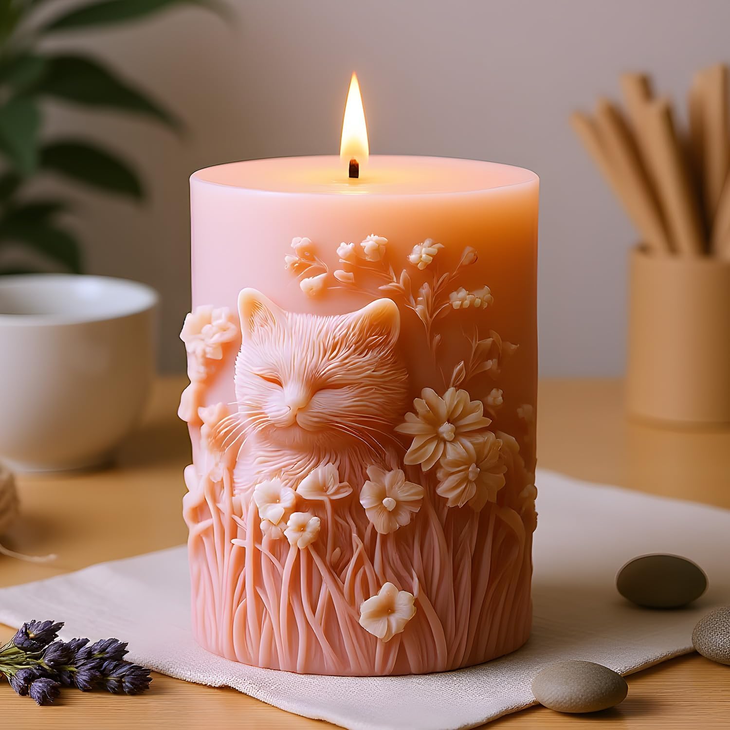 Cat Relief Pillar Candle Mold Smiling Cat Flower Cylinder Silicone Candle Molds for Candles Making Resin Casting Aromatherapy Candles Handmade Wax Home Decor