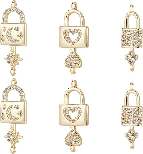 Beebeecraft 6 unidadescaja de 3 estilos de candado para el día de San Valentín con dijes de llave, chapado en oro de 18 quilates, conector de