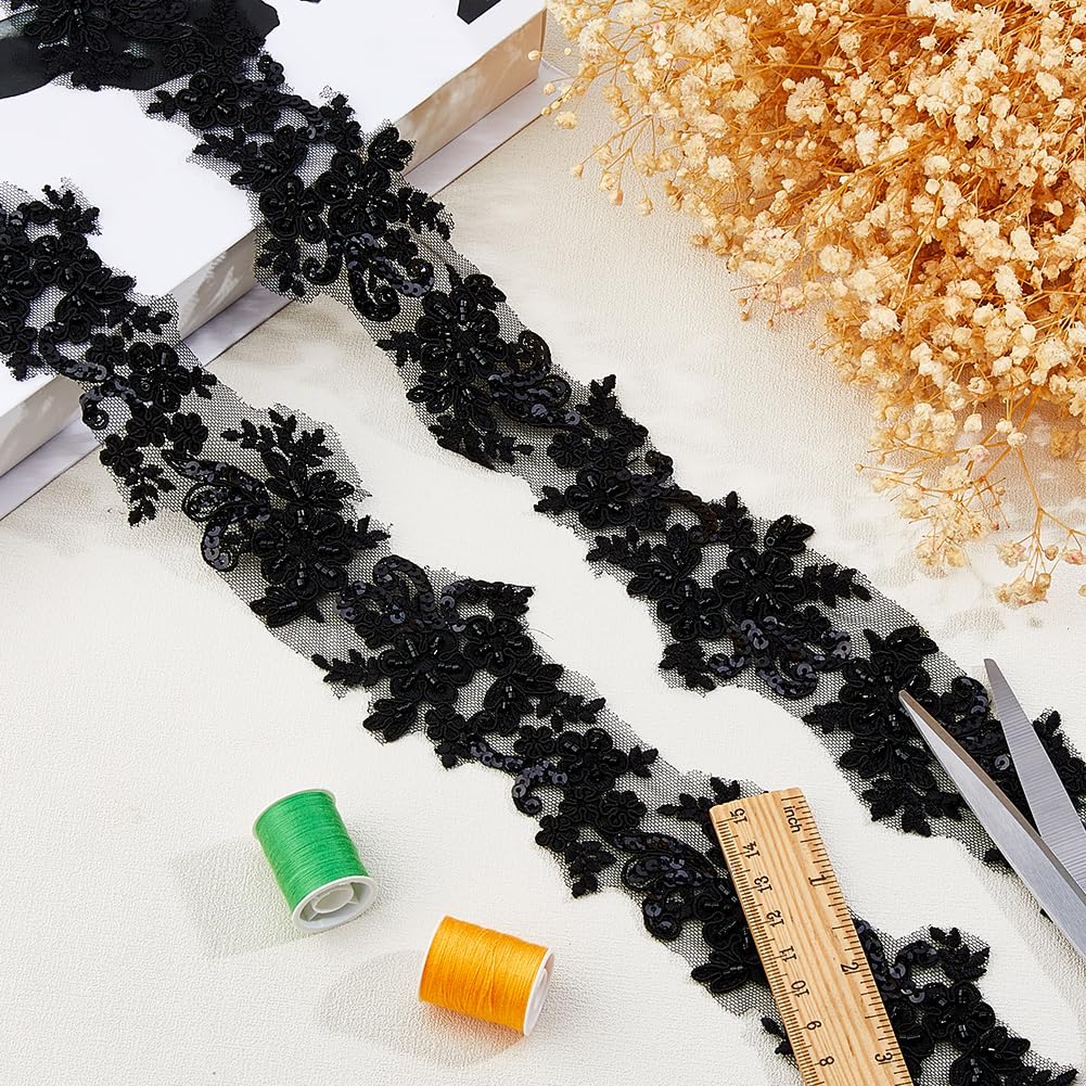 DICOSMETIC 2 yards x 2-1/2 pollici (63 mm) ricamati neri in pizzo con strass ricamati floreali con bordo in pizzo di lusso per abiti da sposa