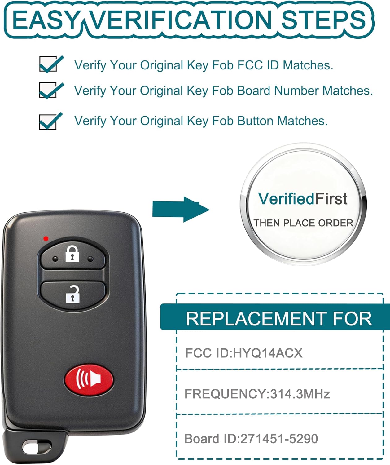 Smart Key Fob for Toyota Venza, FengRKey Remote Control Key Fob Compatible with Toyota Prius 4Runner Scion tC 2010-2016 HYQ14ACX 271451-5290 89904-47230 Black