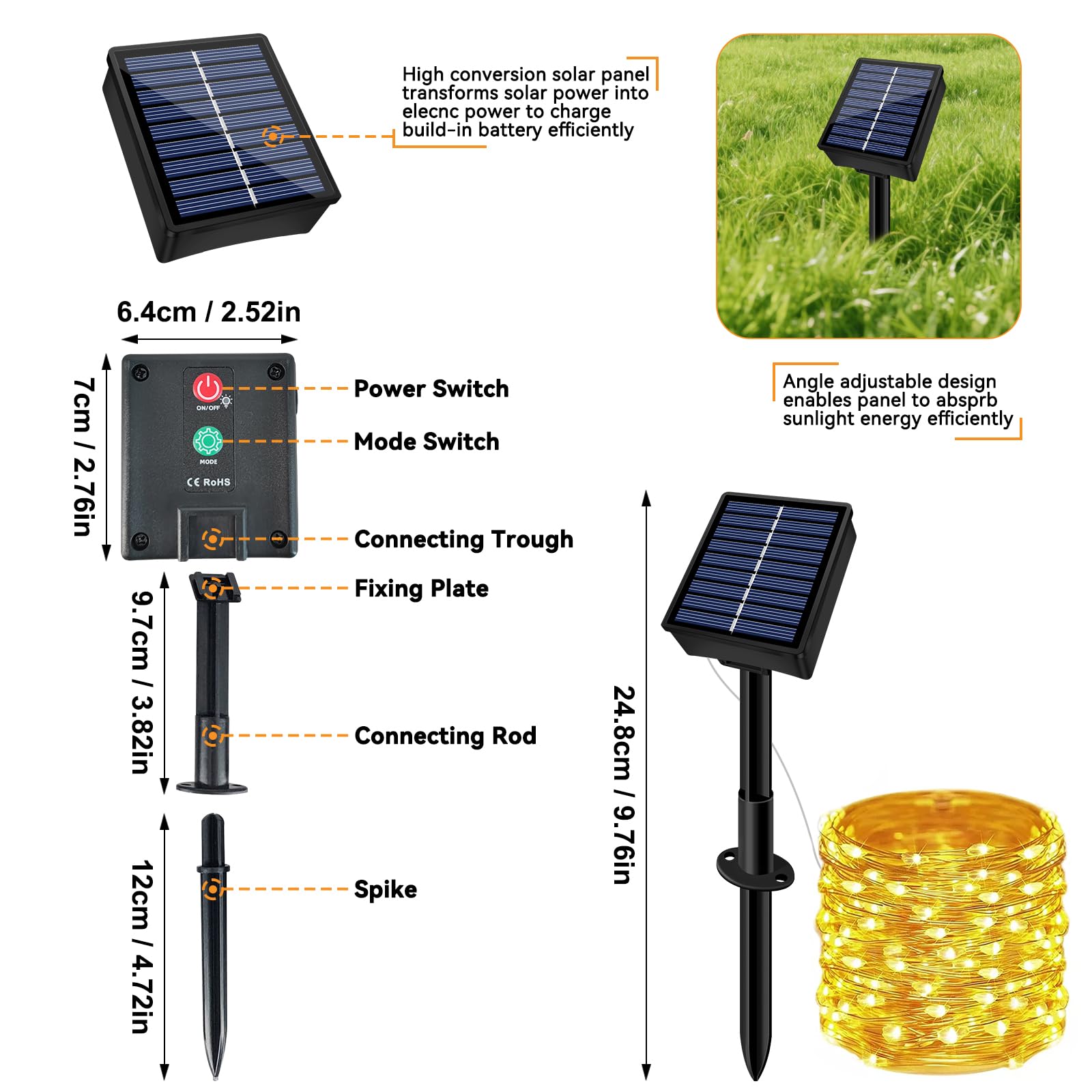 Solar-Lichterkette für den Außenbereich, wasserdicht, 2 Stück, insgesamt 20 m, 200 LEDs, 8 Modi, funkelnde Lichter, Solar-Lichterkette für Terrasse, Garten, Hof, Party, Hochzeit, Baum, Weihnachten