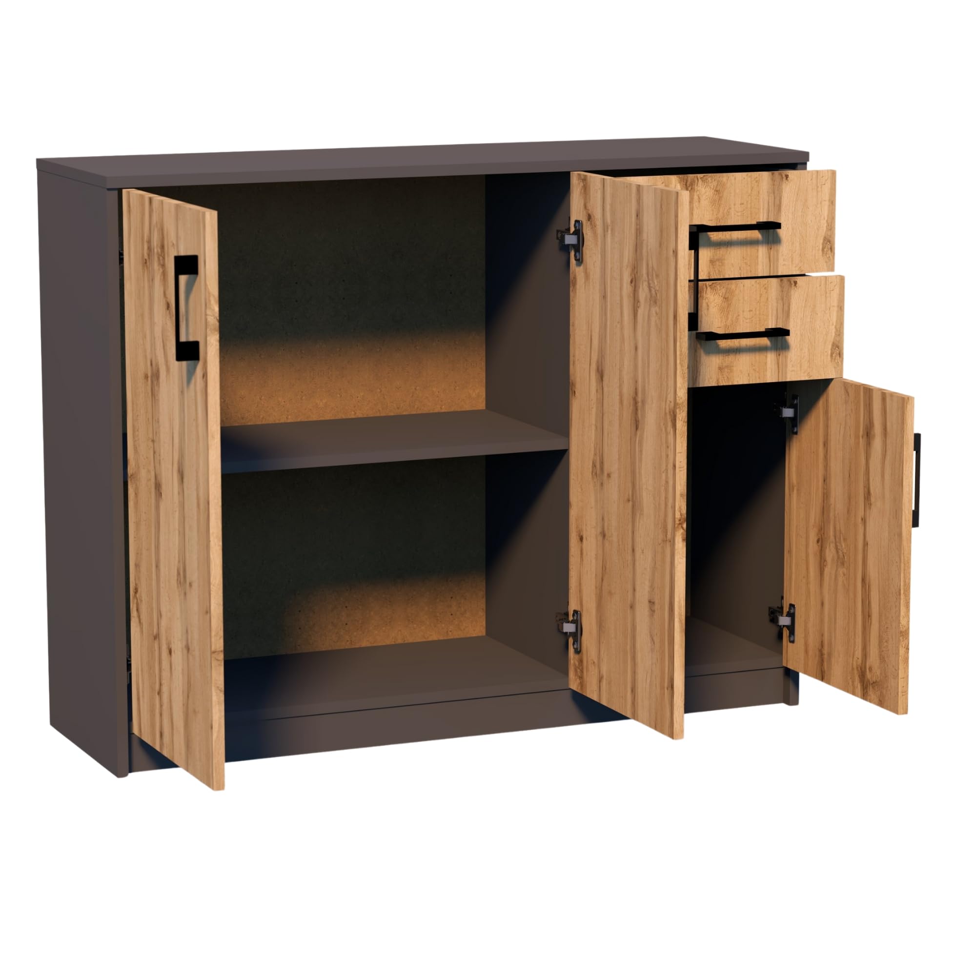 Home Collective Kommode mit 2 Schubladen und 3 Türen in matter Ausführung Kommode 110cm breit mit hochwertigen Polymergriffen Holz Schrank mit Schubladen Aus laminierter Platte gefertigt graphit Eiche