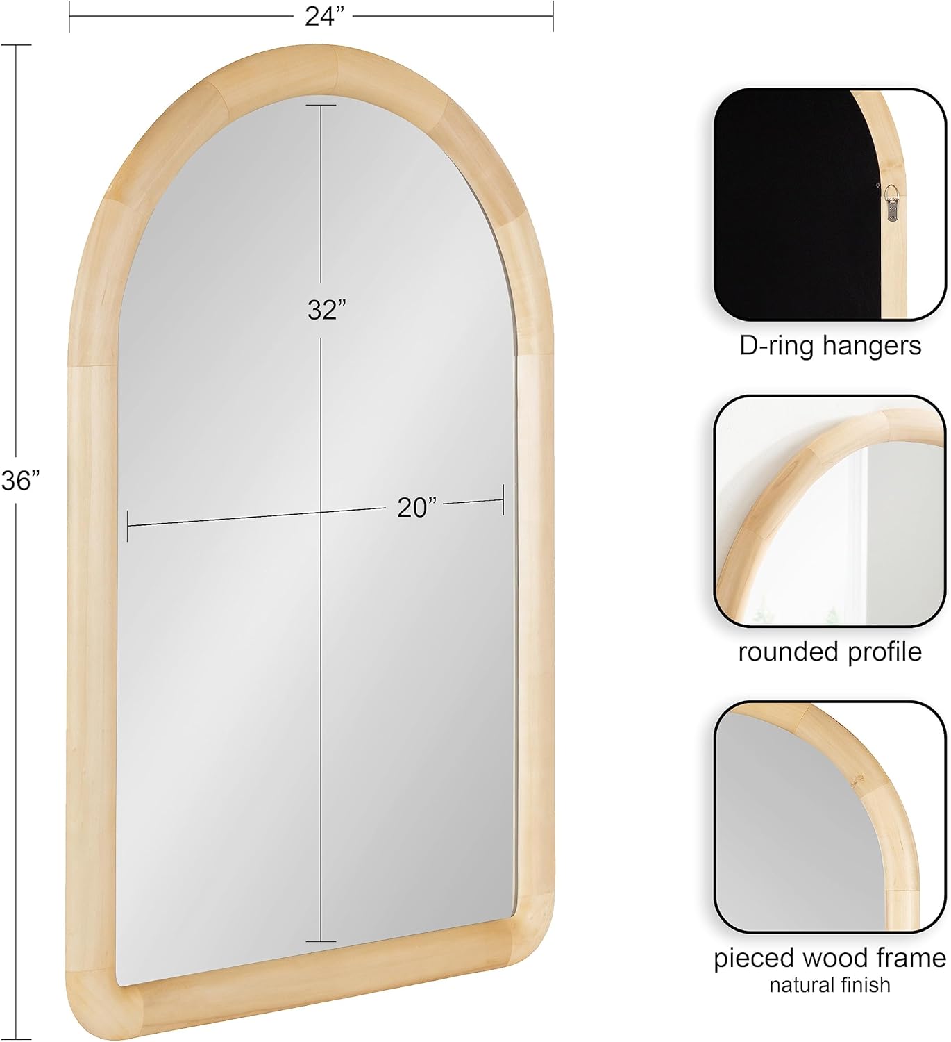 Kate and Laurel Dessa Modern Arched Wooden Wall Mirror; 24 x 36; Natural; Contemporary Bathroom Vanity Mirror with Chunky Rounded Profile and Solid Poplar Wood Frame