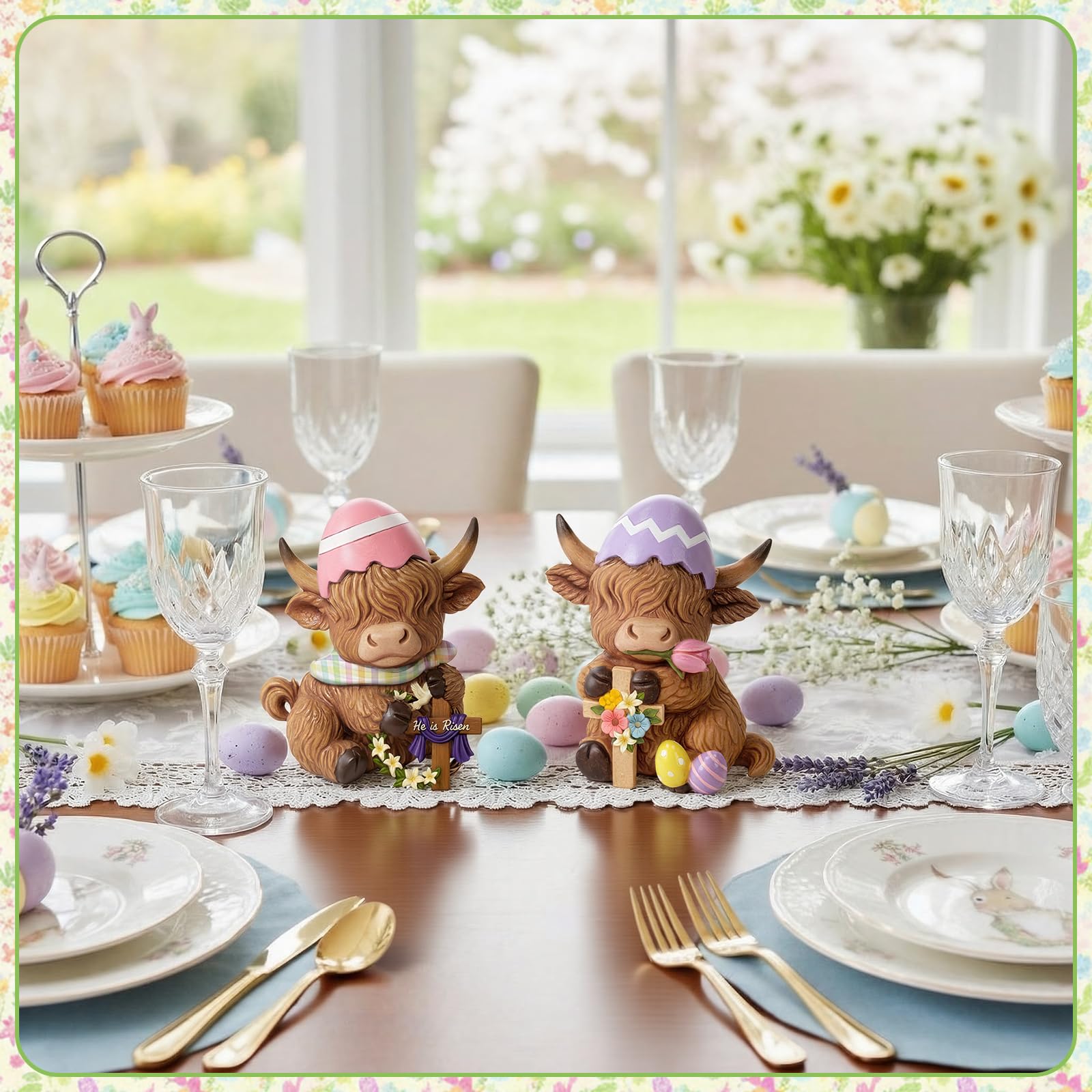 Simgoing Confezione da 2 statuette di mucca pasquale delle Highland primaverili con uova di Pasqua croce floreale per decorazioni da tavola per amanti dei vitelli, regali per la casa, centrotavola