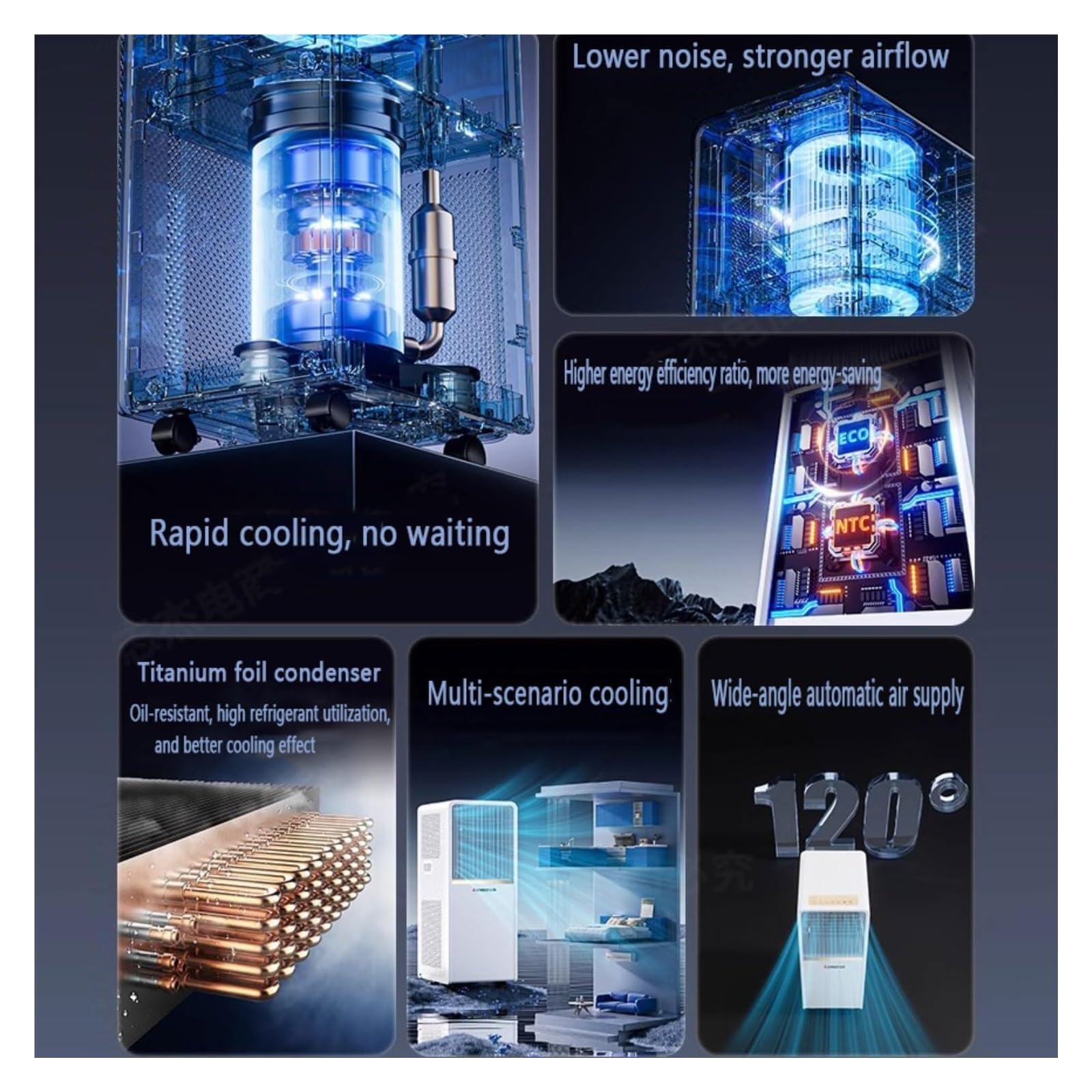 Condizionatore portatile, For ambienti di grandi dimensioni, climatizzazione intelligente con telecomando e kit finestra, raffreddamento rapido(2600W)