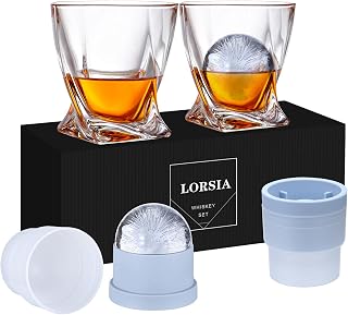 LORSIA Whiskey Glasses Set of 4 with Ice Ball Molds - 11oz Crystal Old Fashioned Rocks Glasses in Gift Box for Bourbon Scotch Gifts