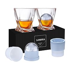 Whiskey Rocks Glass Set of 4 2 Crystal Bourbon Glasses 2 Round Big Ice Ball Molds In Gift