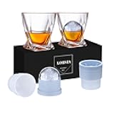 Whiskey Rocks Glass, Set of 4 (2 Crystal Bourbon Glasses, 2 Round Big Ice Ball Molds) In Gift Box - 11 Oz Old Fashioned Glasses for Scotch Cocktail Rum Cognac Vodka Liquor, Unique Gifts for Men