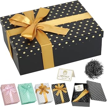 Black Gift Box with Lid Large Gift Box Polka Dot Pattern with Raffia Paper Greeting Card Bow 25 x 18 x 8.5 cm Foldable Empty Gift Box for Wedding Birthday Christmas