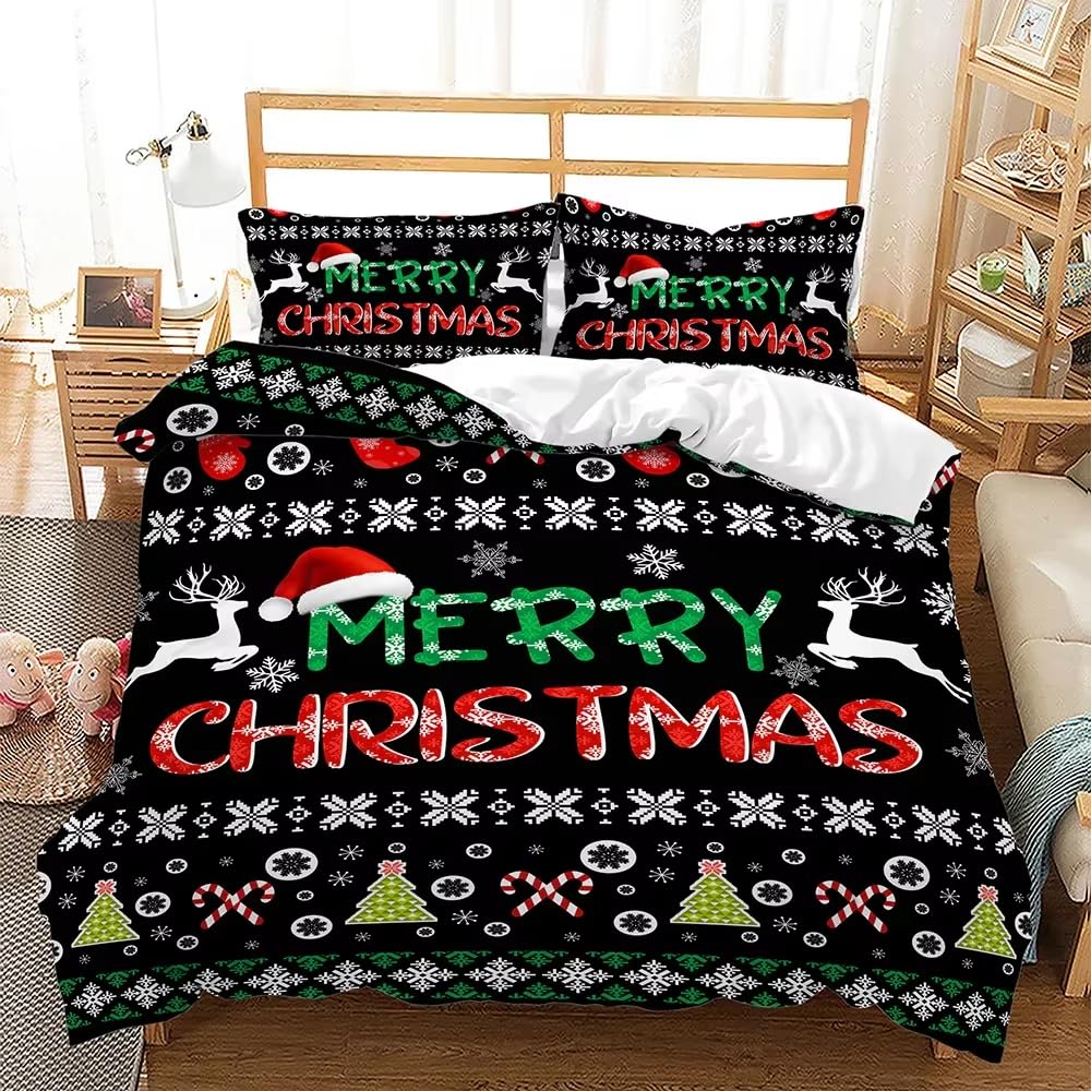Housse de couette joyeux Noël noire en tissu doux et confortable avec motifs de fête