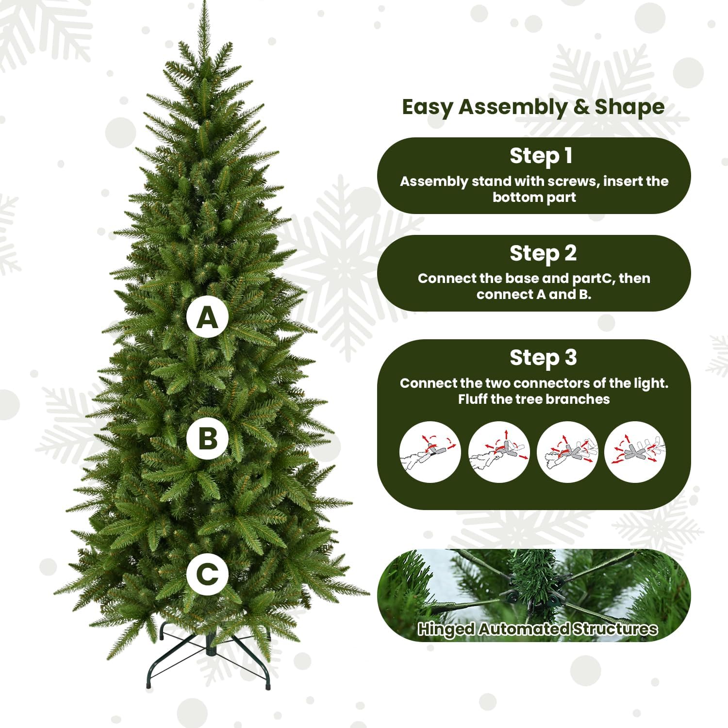 4ft Artificial Pencil Christmas Tree Hinged Realistic Slim Xmas Tree w/Sturdy Metal Stand, Fake Christmas Tree with 424 Tips for Home, Office, Party Decoration Indoor